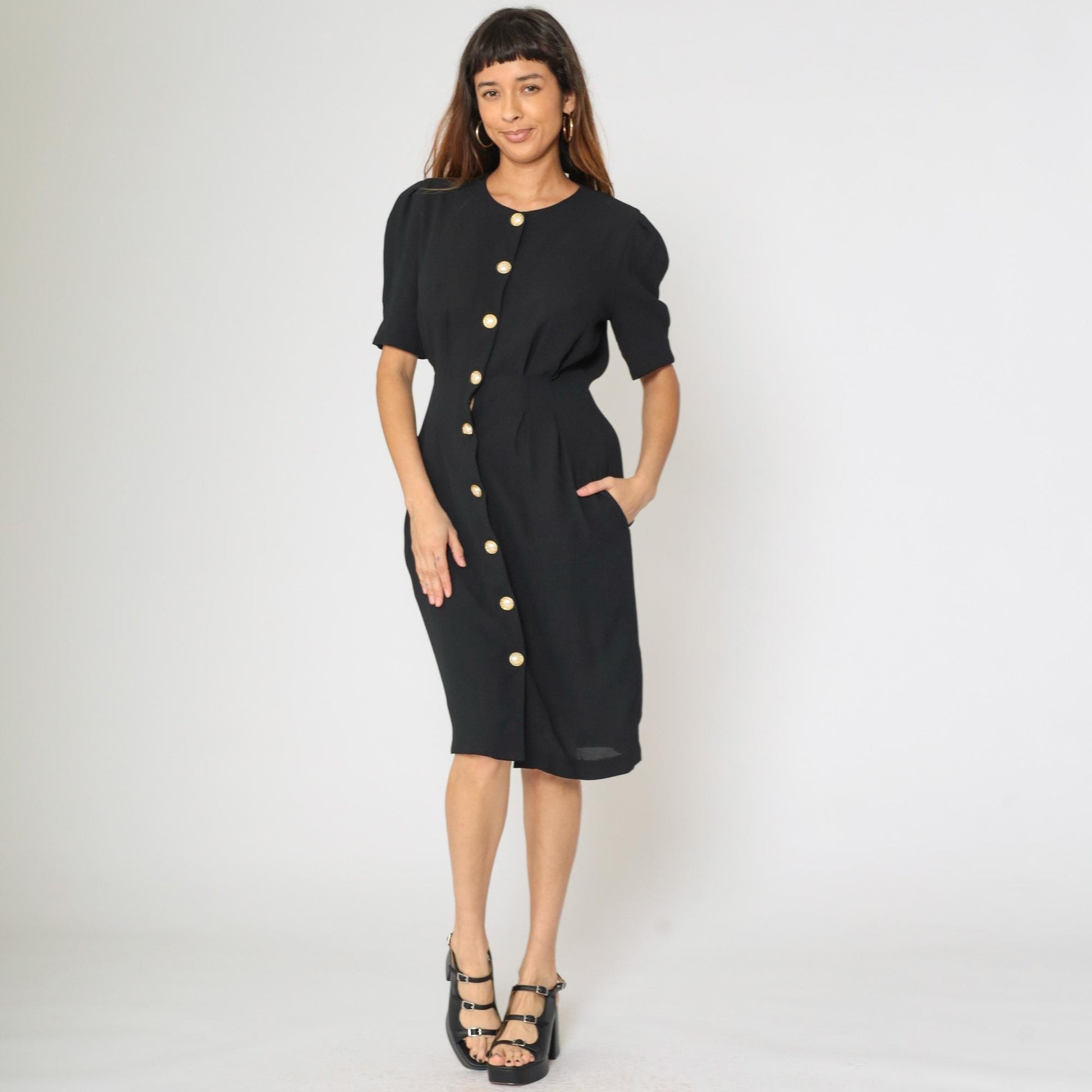 90s Ms Chaus Black Button-Up Midi Dress Puff Sleeve Pencil Medium 8
