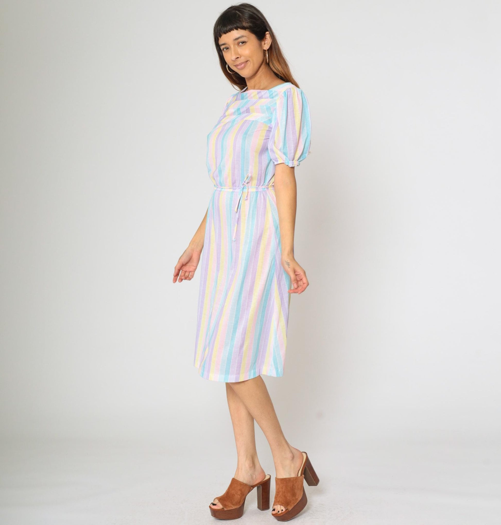 80s Pastel Striped Midi Dress Puff Sleeve Elastic Waist Small Medium