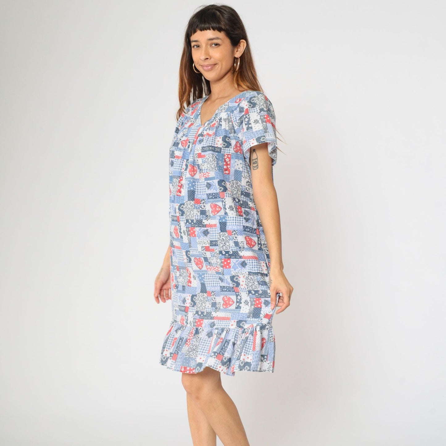 80s Patchwork Floral Heart Print Midi Dress Red White Blue V-Neck Large
