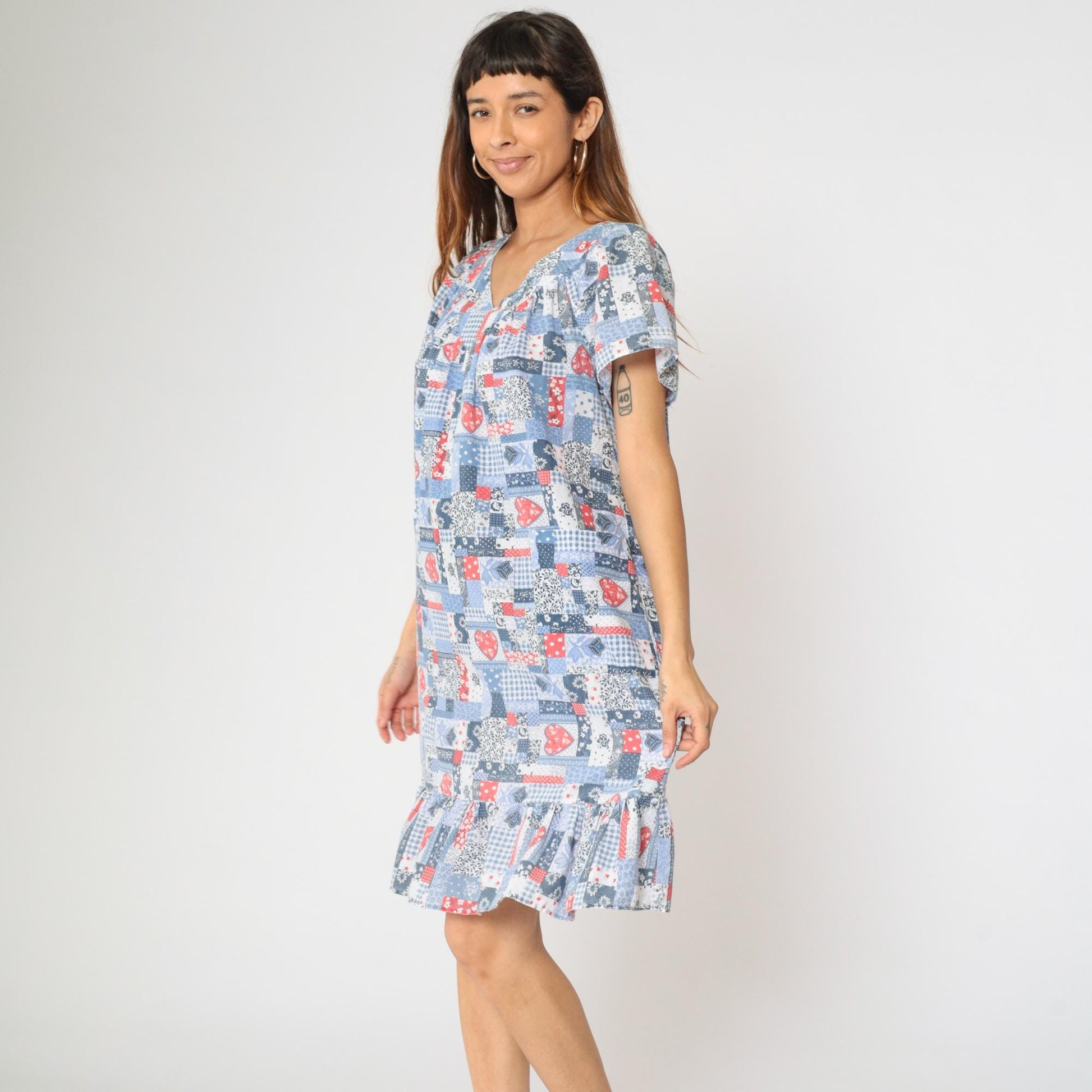 80s Patchwork Floral Heart Print Midi Dress Red White Blue V-Neck Large