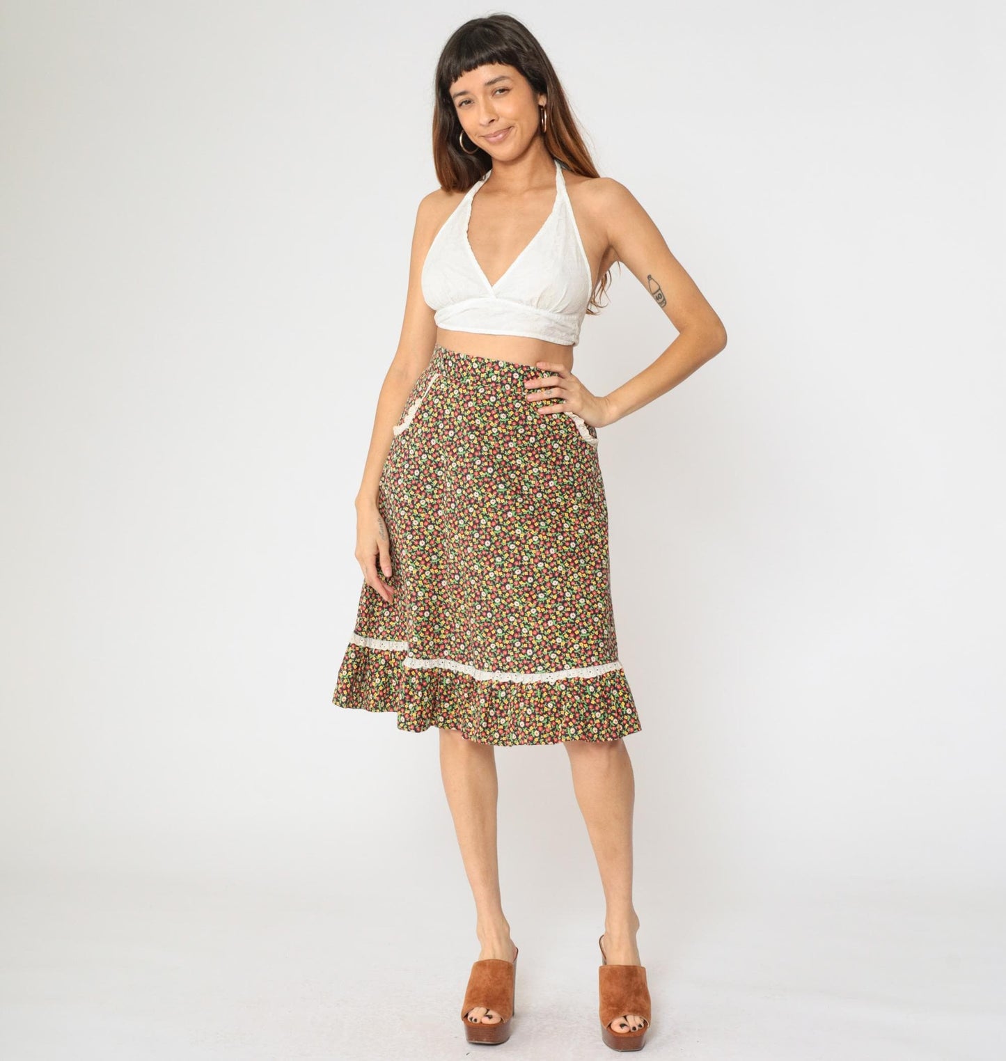 70s Floral Calico Midi Skirt High Waist Eyelet Lace Tiered Ruffle Small