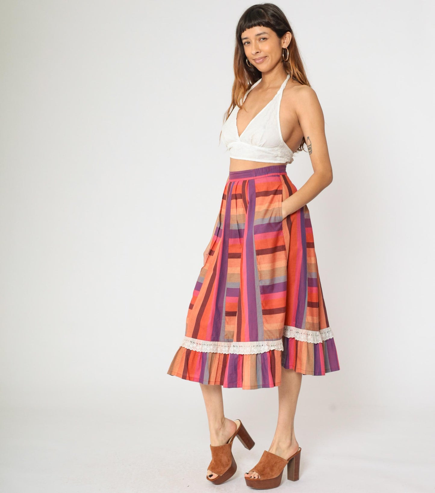 80s Striped Prairie Midi Skirt Pink Purple Orange Lace High Waisted Small