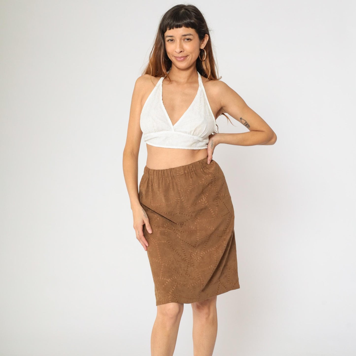 90s Brown Patchwork Faux Suede Pencil Skirt High Waist Small Medium