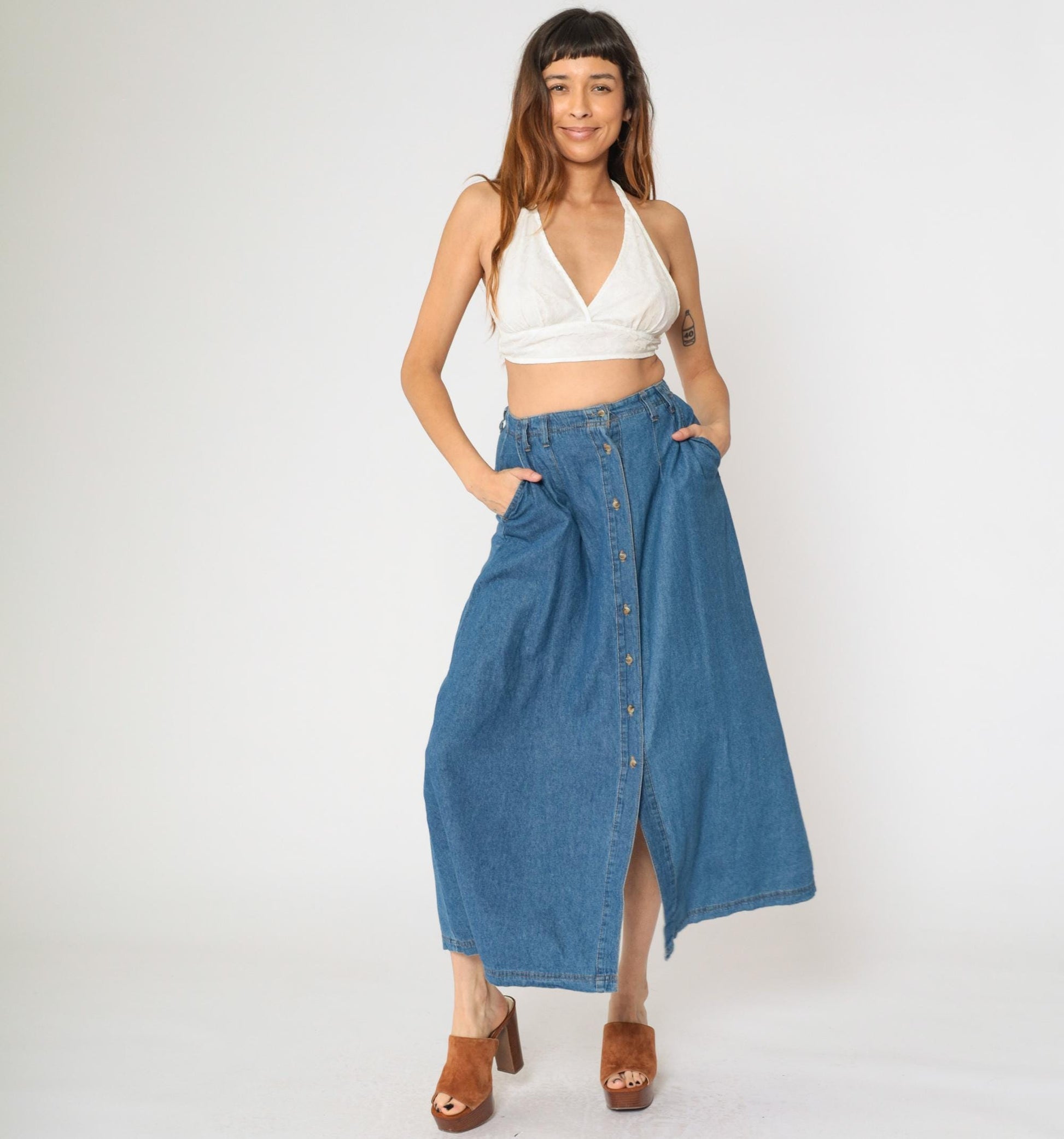 90s Marisa Canvas Denim Maxi Skirt Button Front High Waist Blue Small 6