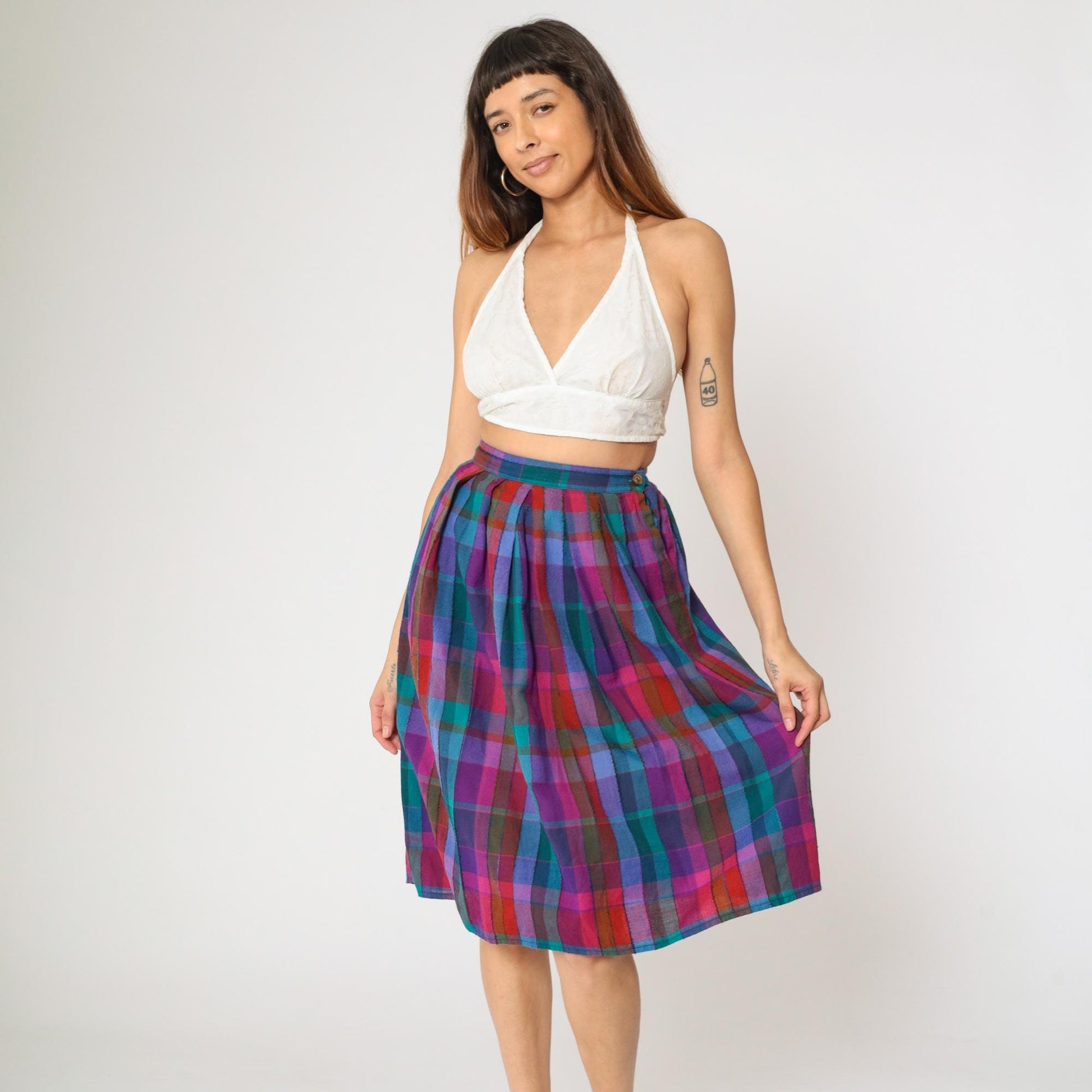 80s John Meyer Checkered Wool Midi Skirt High Waist Pleated Purple Blue Extra Small