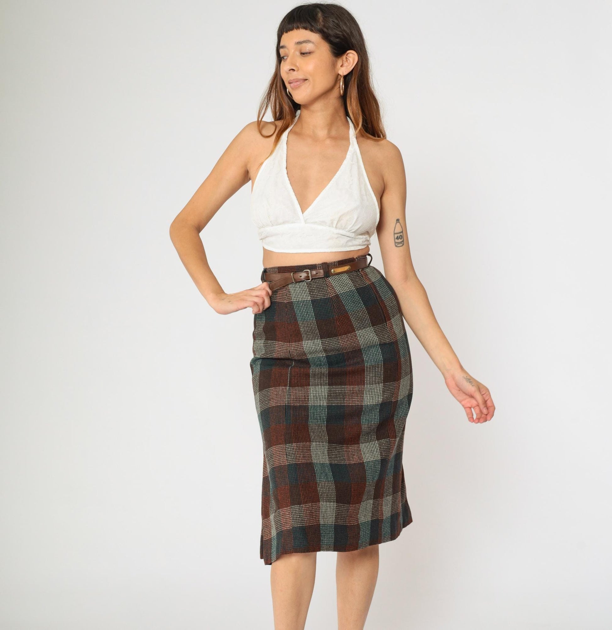 80s Wool Checkered Midi Skirt High Waist Pleated Orange Teal Brown Small
