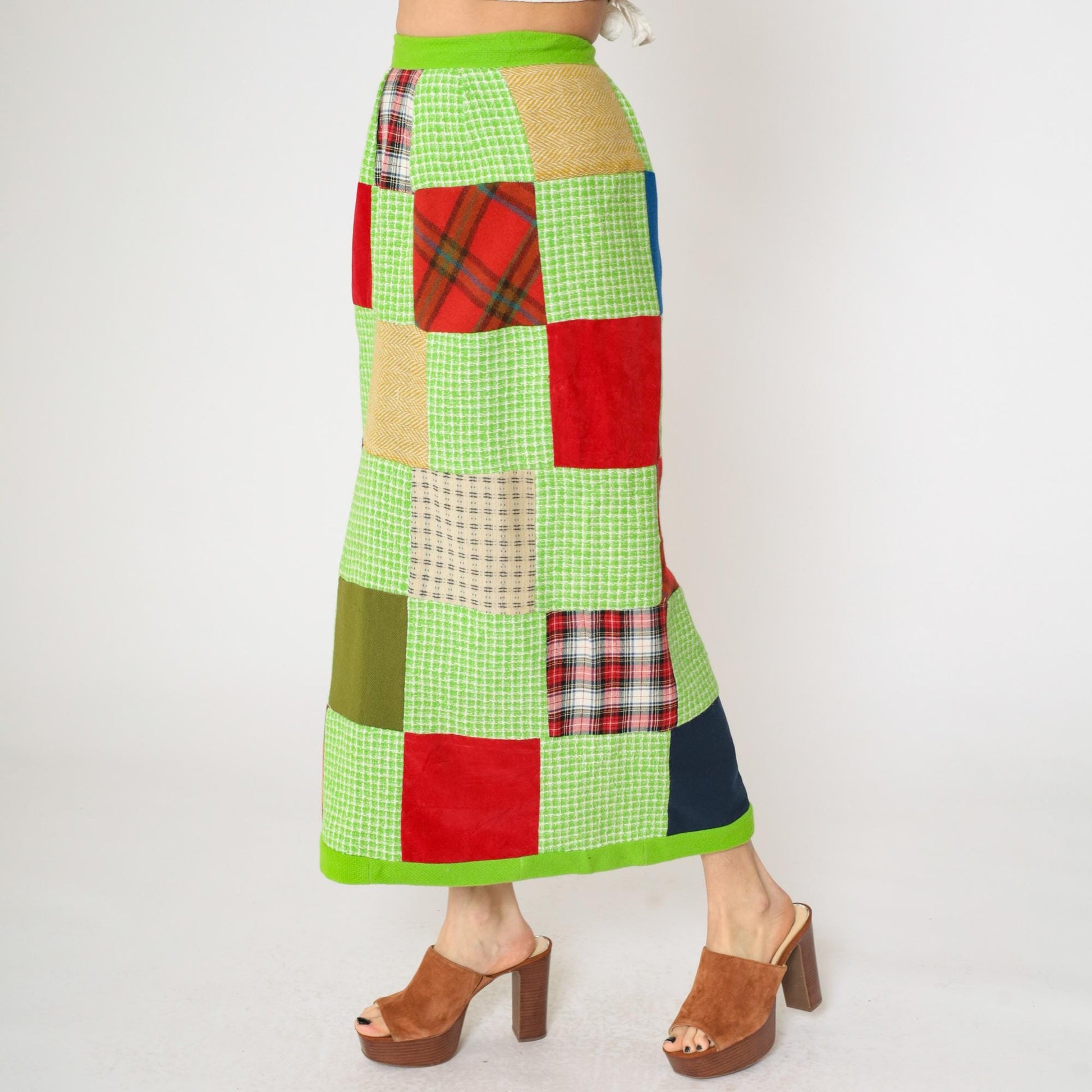 1970s Patchwork Plaid Maxi Skirt Lime Green Checkered Small