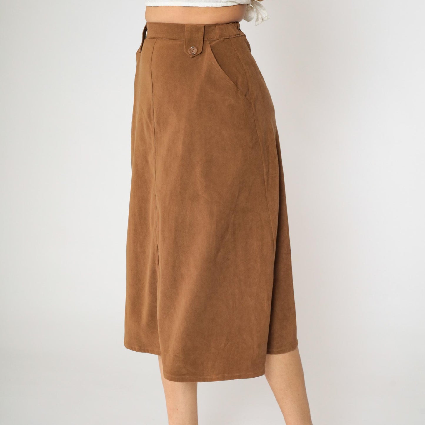 90s Brown A-Line Midi Skirt High Waisted Pockets Small 4P