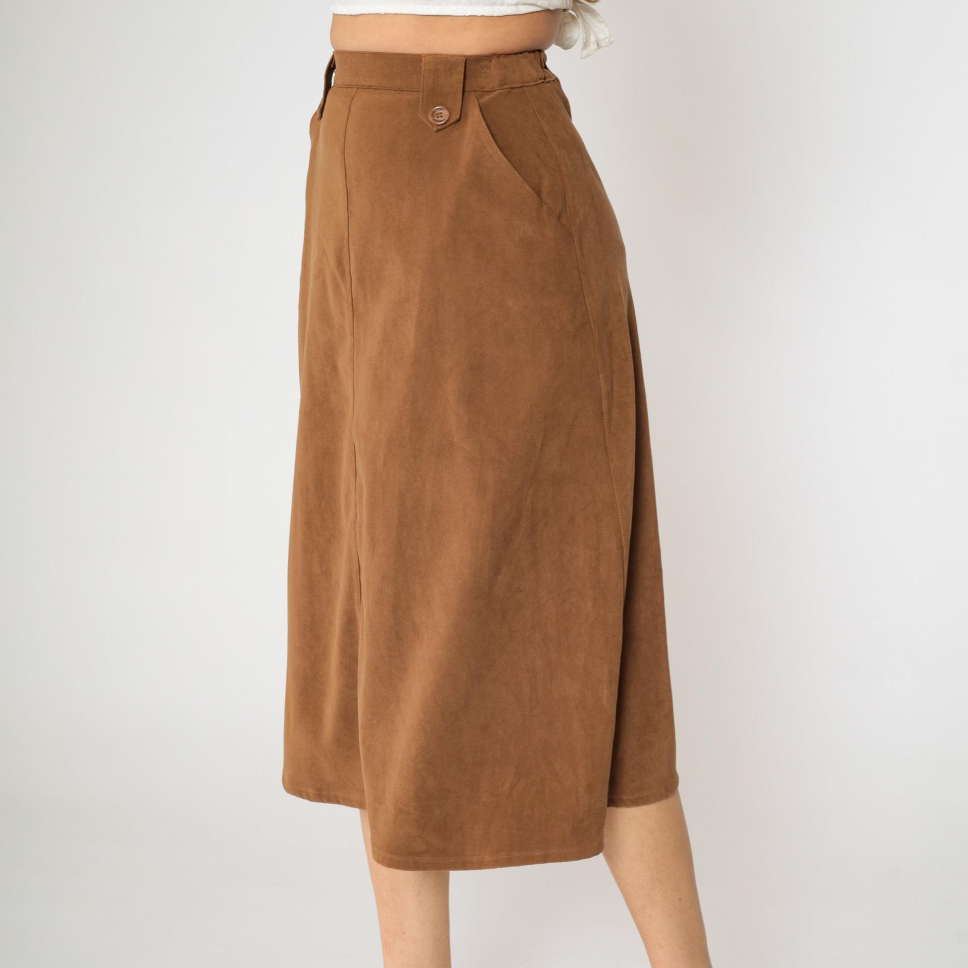90s Brown A-Line Midi Skirt High Waisted Pockets Small 4P