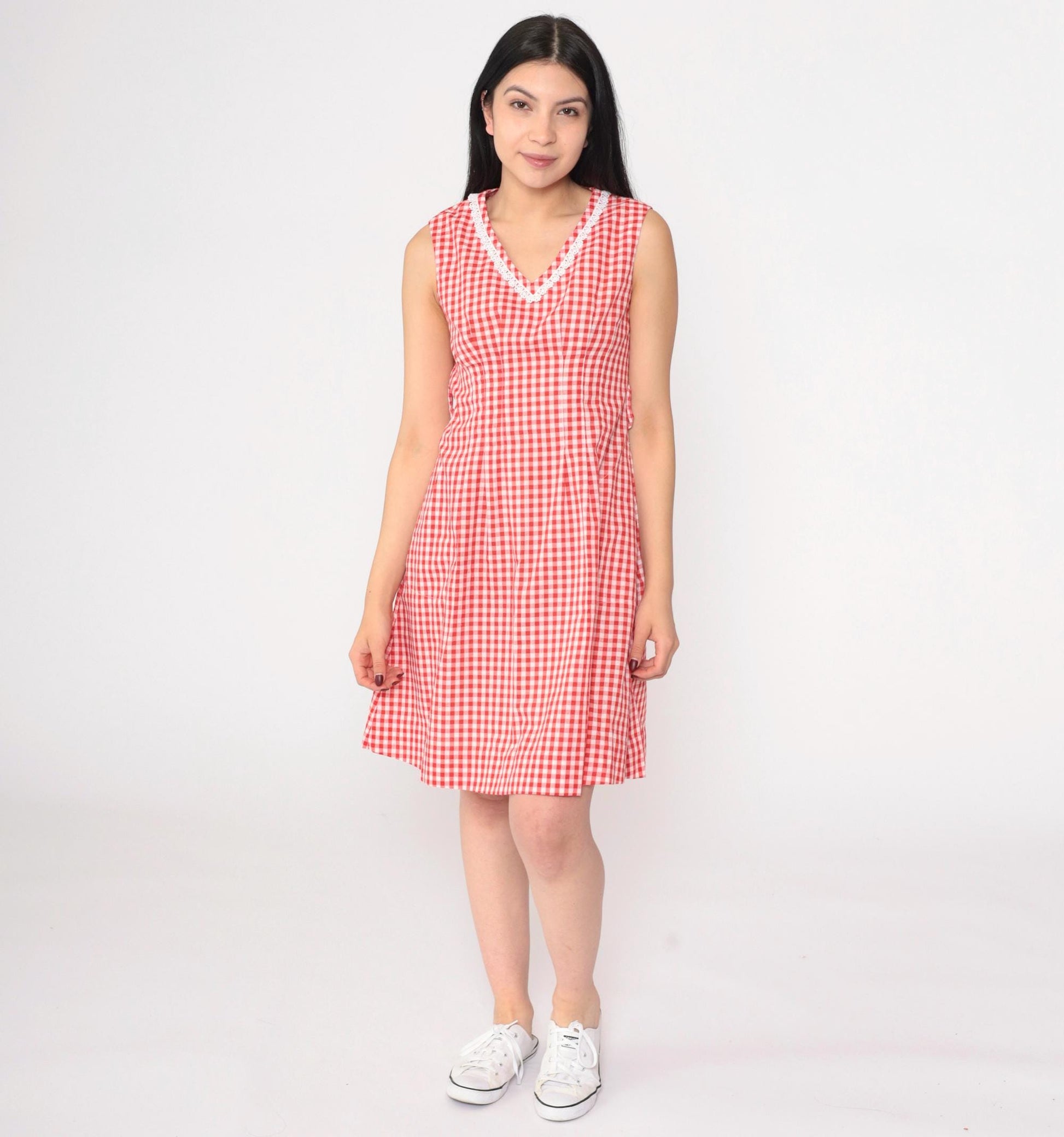 70s Red Gingham Mini Dress White Lace Trim V-Neck A-Line Small