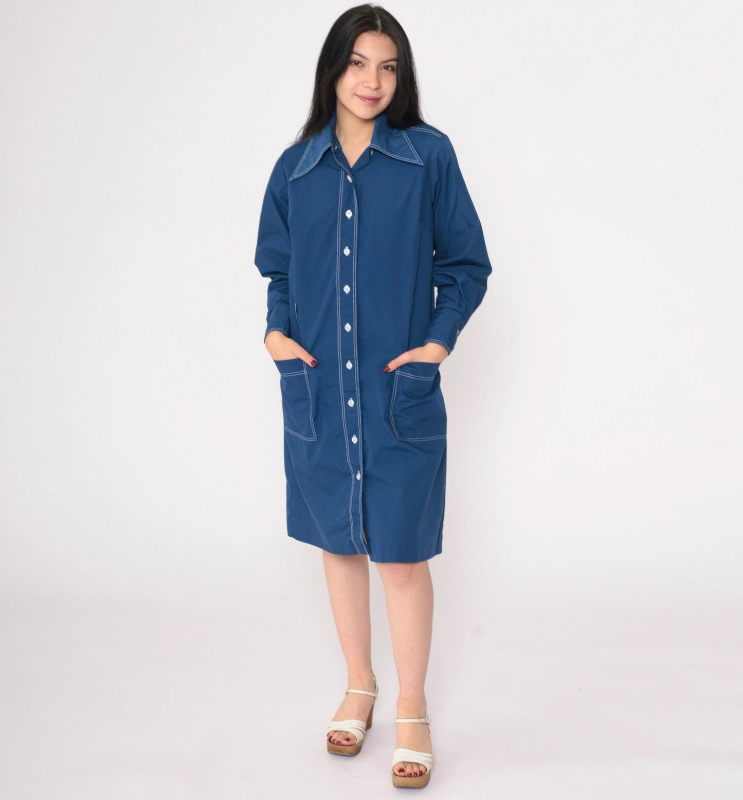 70s Dark Blue Dagger Collar Shift Dress Button-Up Long Sleeve Medium
