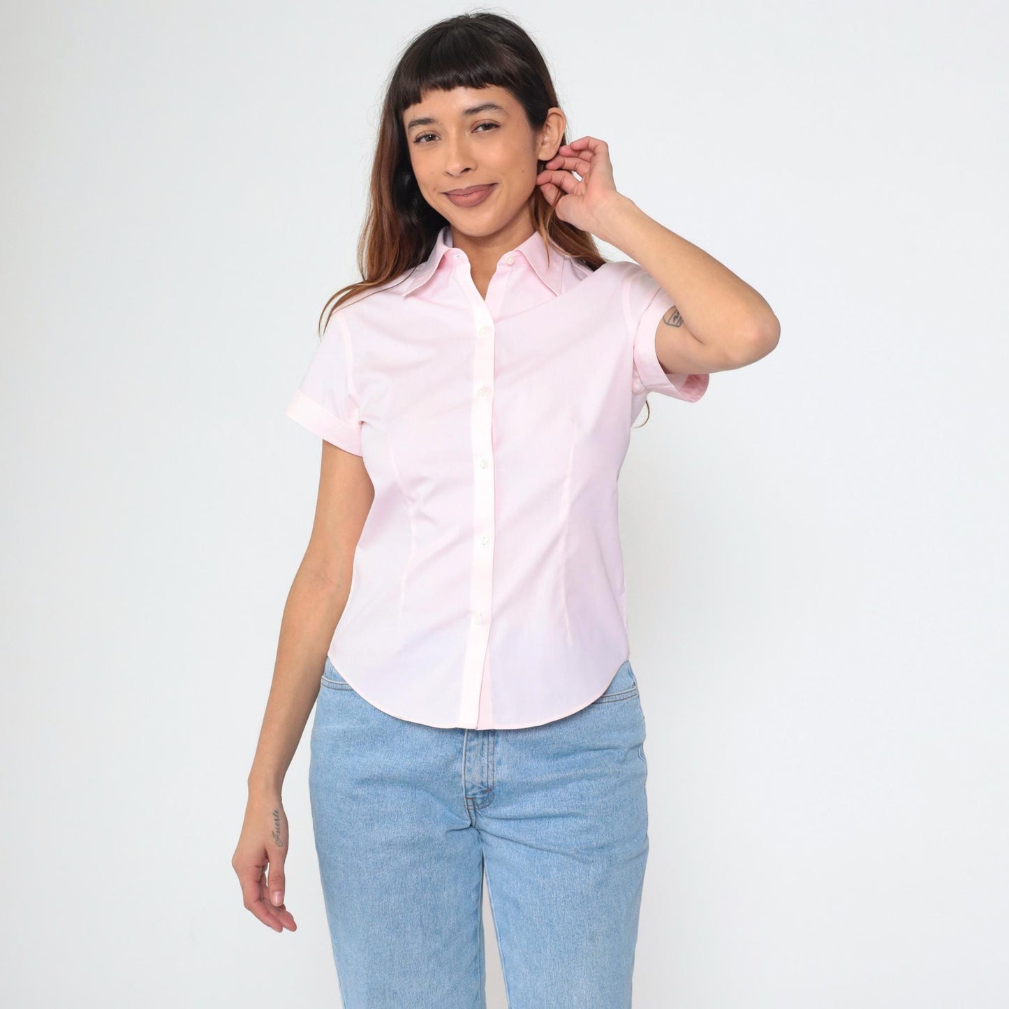 90s Brooks Brothers Baby Pink Cotton Button-Up Blouse Short Sleeve Petite 2P