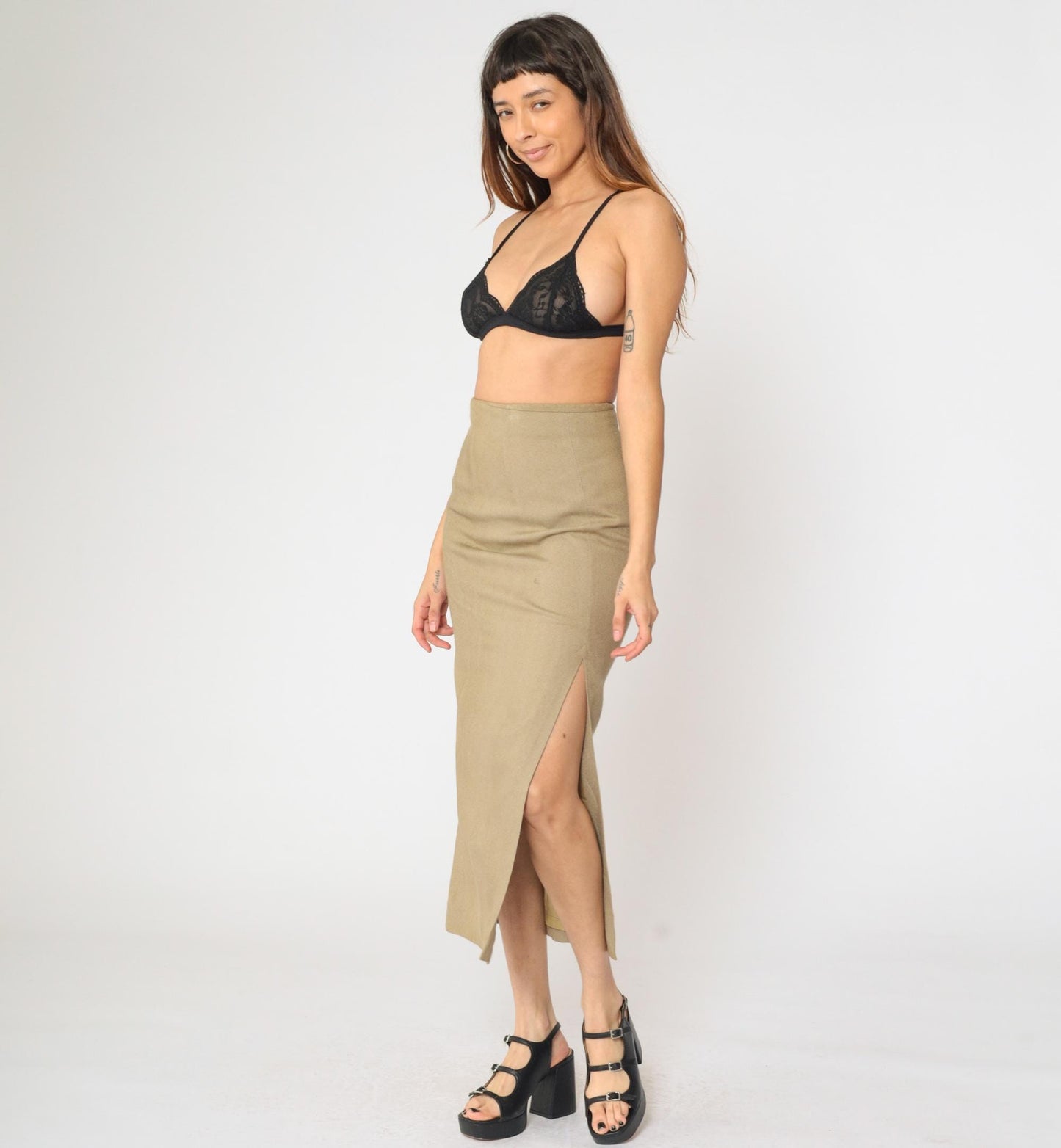 90s Express Khaki Maxi Skirt High Waisted Side Slit Straight Small S