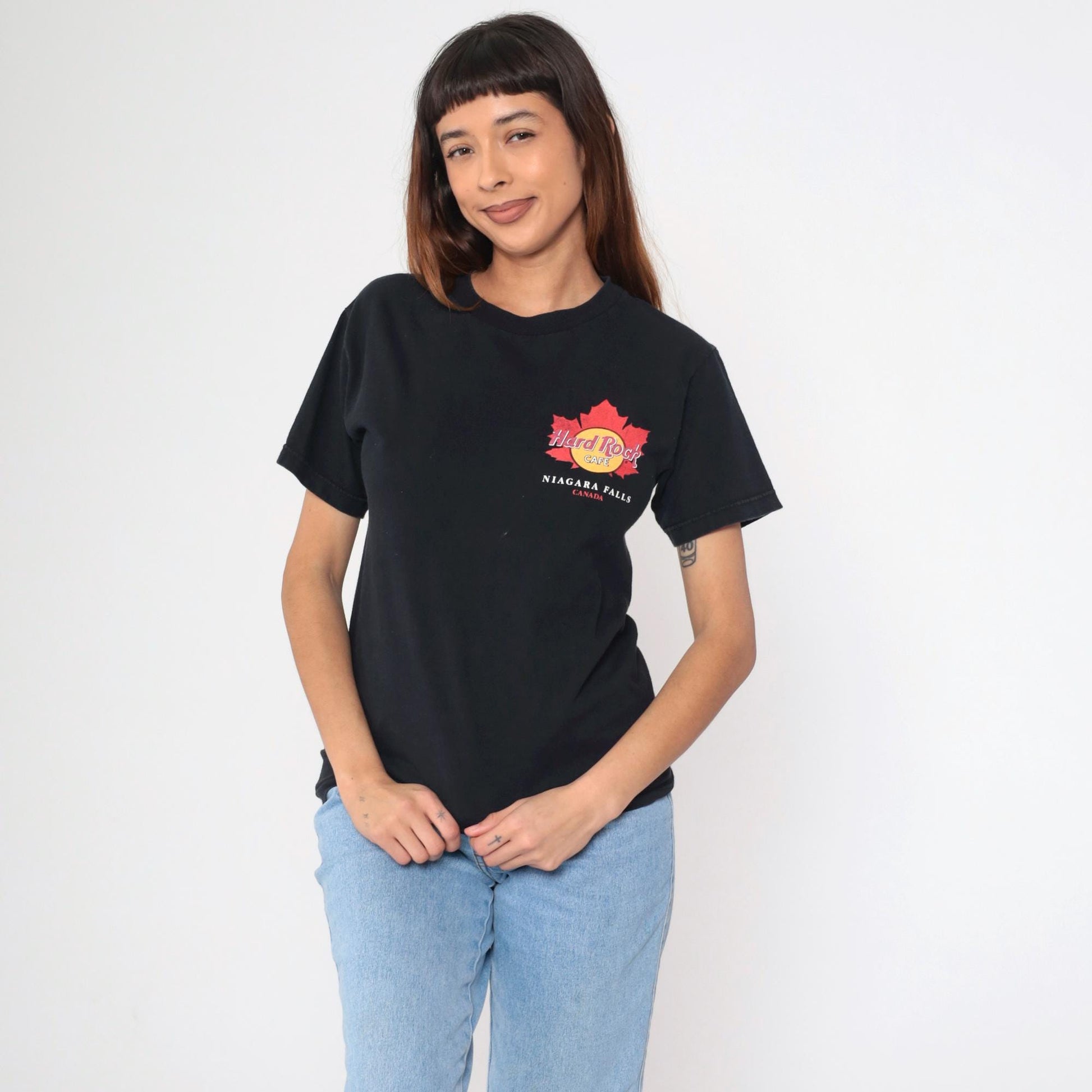 90s Hard Rock Cafe Niagara Falls Maple Leaf Graphic T-Shirt Black Small