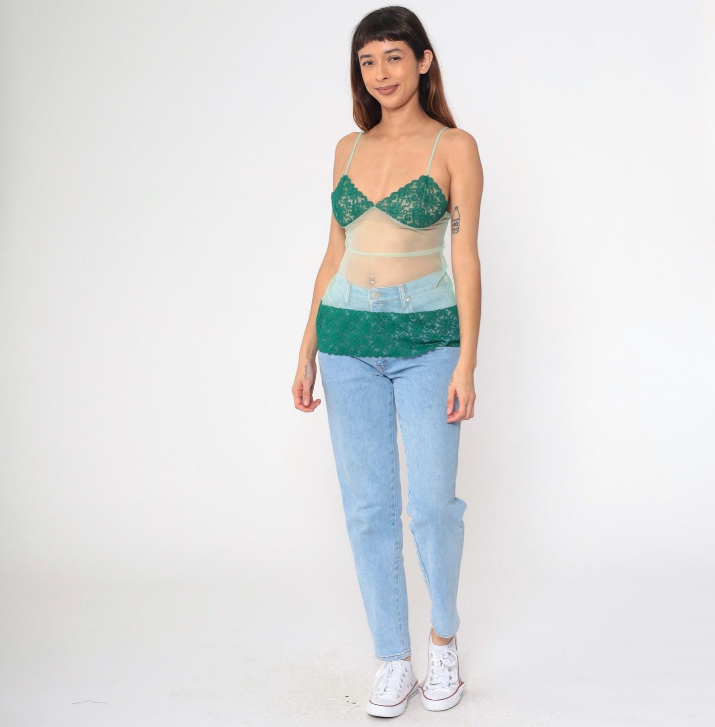 Y2K Mint Green Lace Cami Top Sheer Mesh Spaghetti Strap Lingerie Extra Small