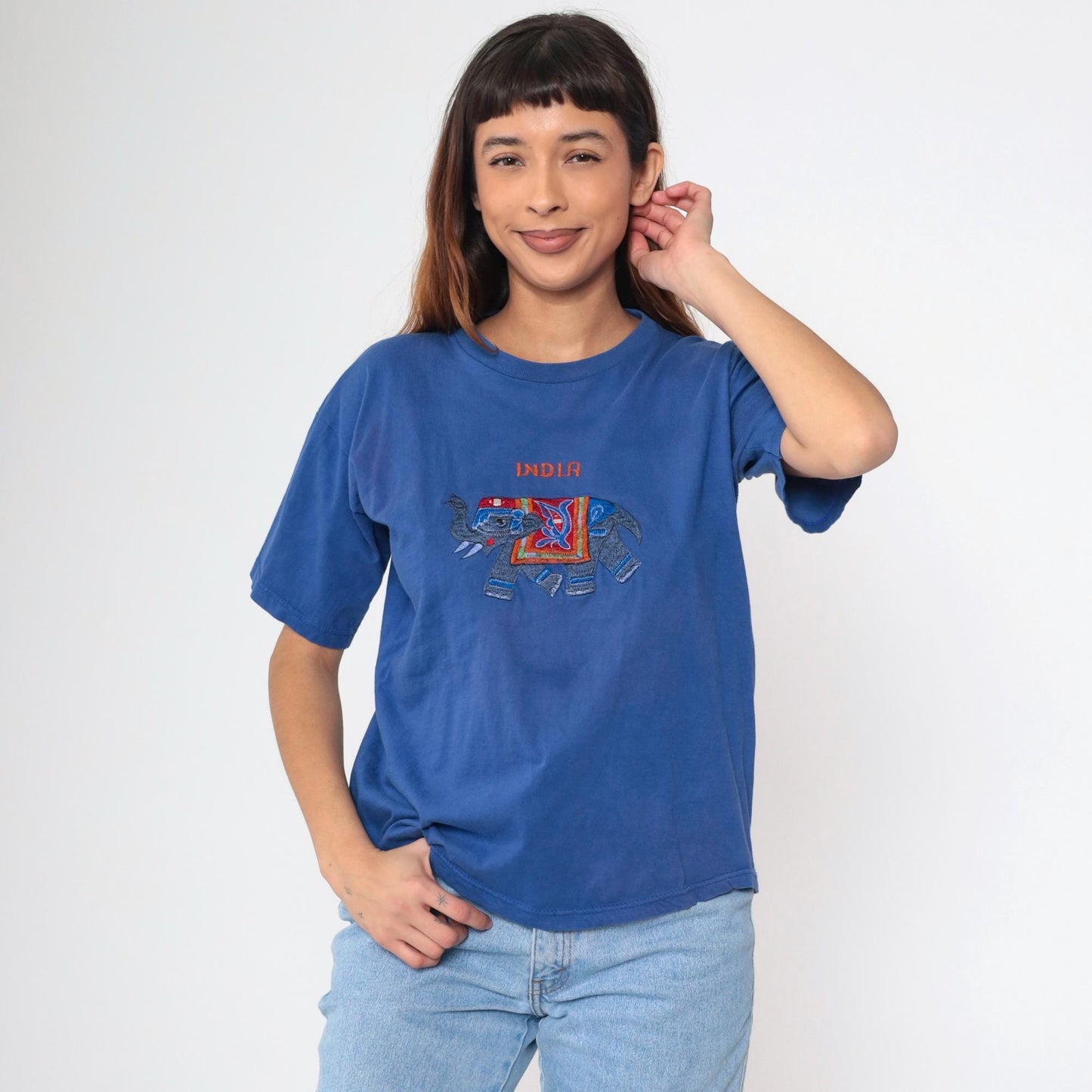 Y2K India Elephant Embroidered T-Shirt Blue Mirrored Graphic Tee Medium Large