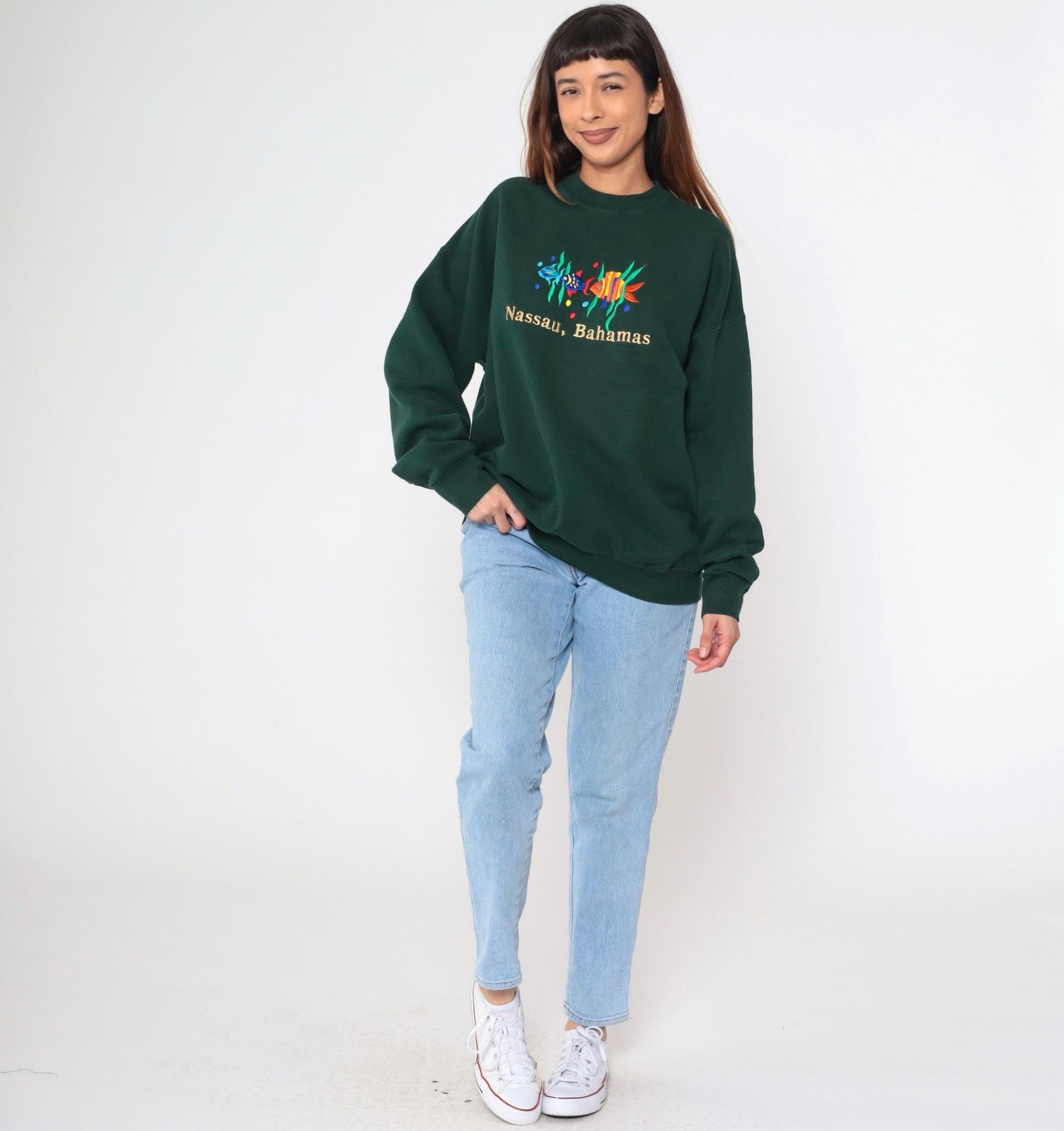 90s Nassau Bahamas Sweatshirt Dark Green Embroidered Fish Crewneck Extra Large XL