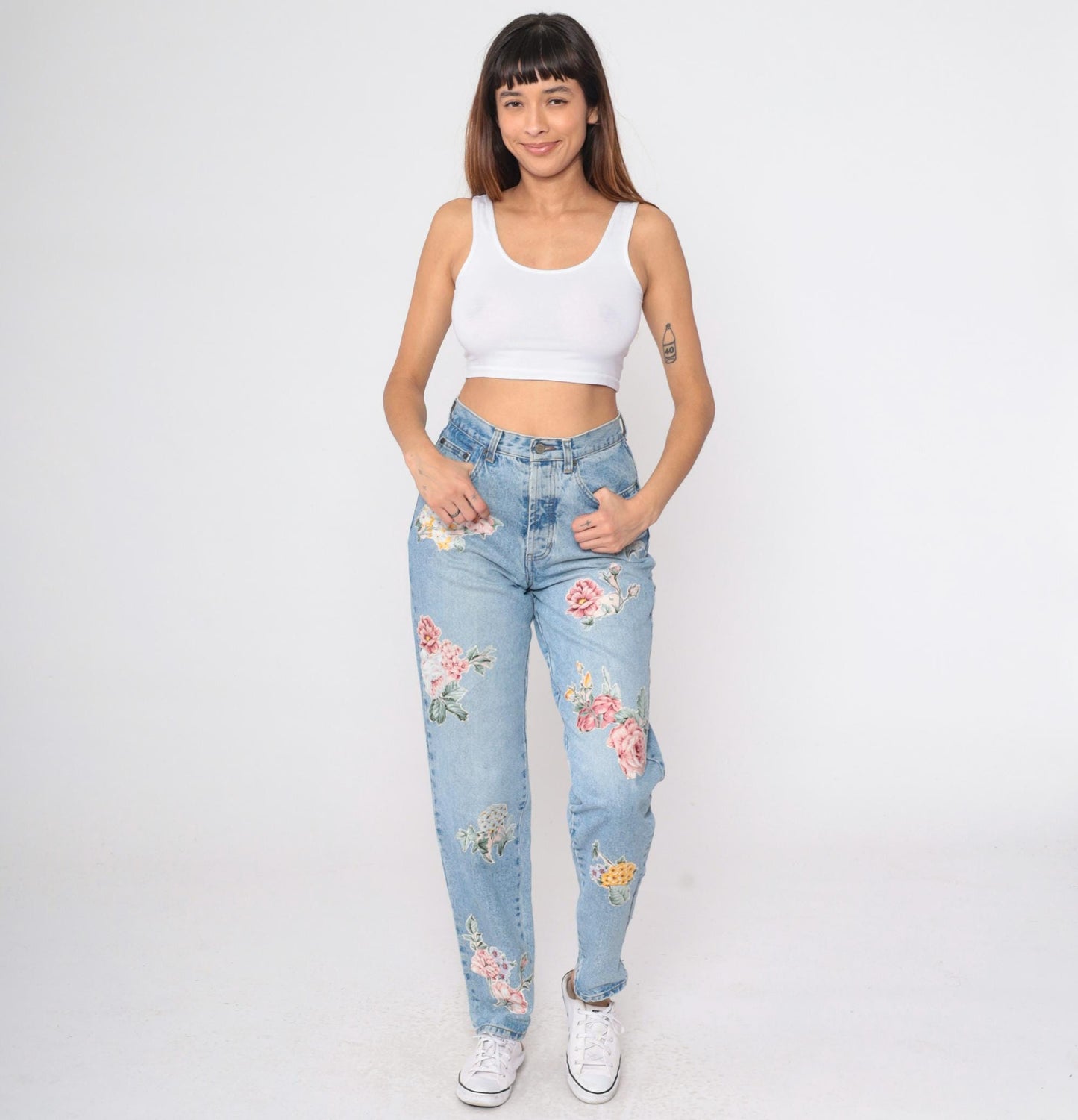 90s Floral Appliqué Light Wash Jeans High Waist Tapered Denim Small Long