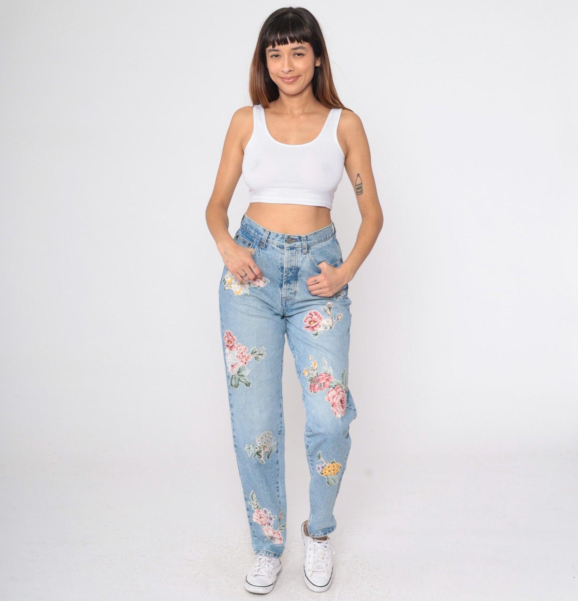 90s Floral Appliqué Light Wash Jeans High Waist Tapered Denim Small Long