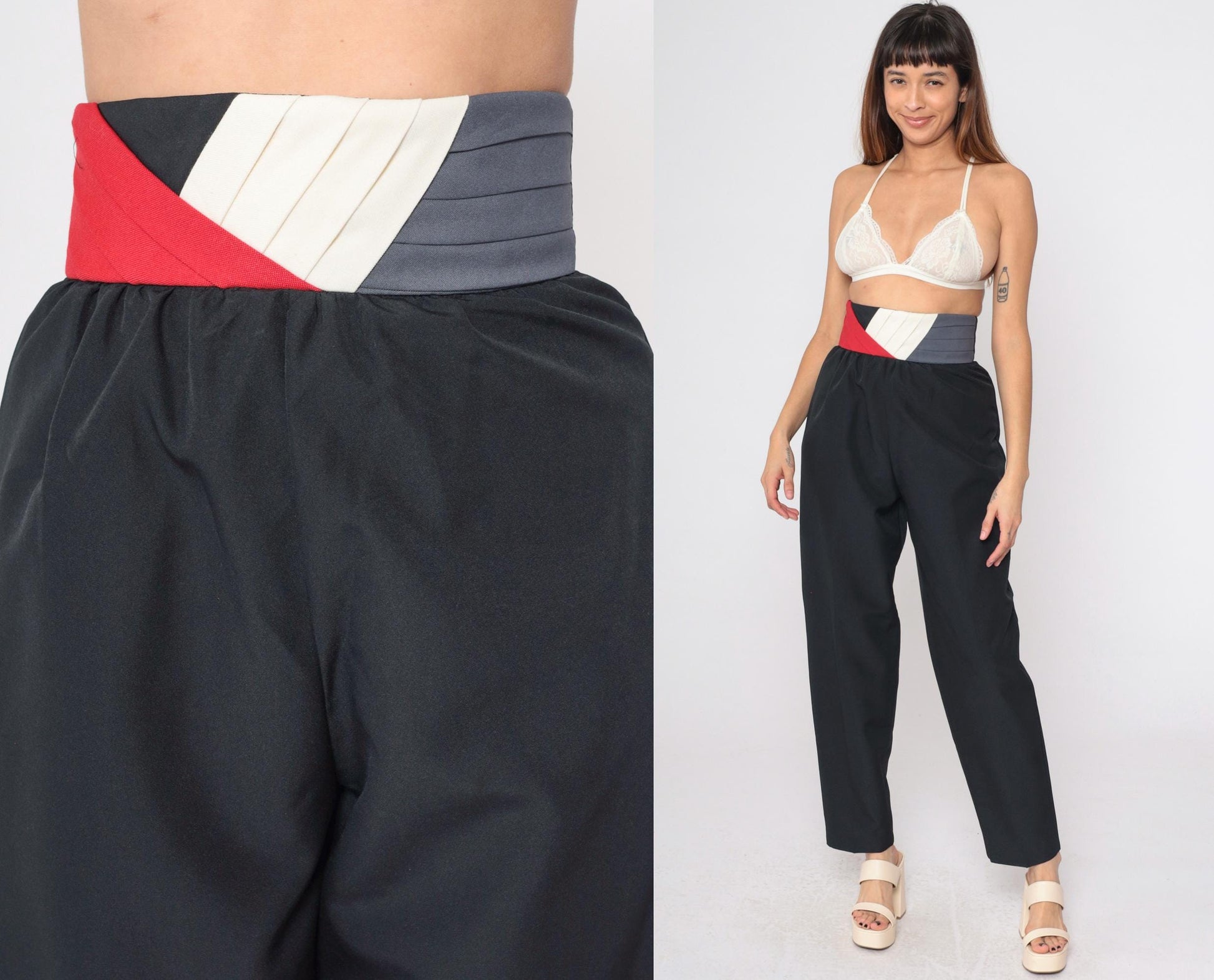 80s Black Tapered Trousers High Waist Colour Block Waistband Size 9