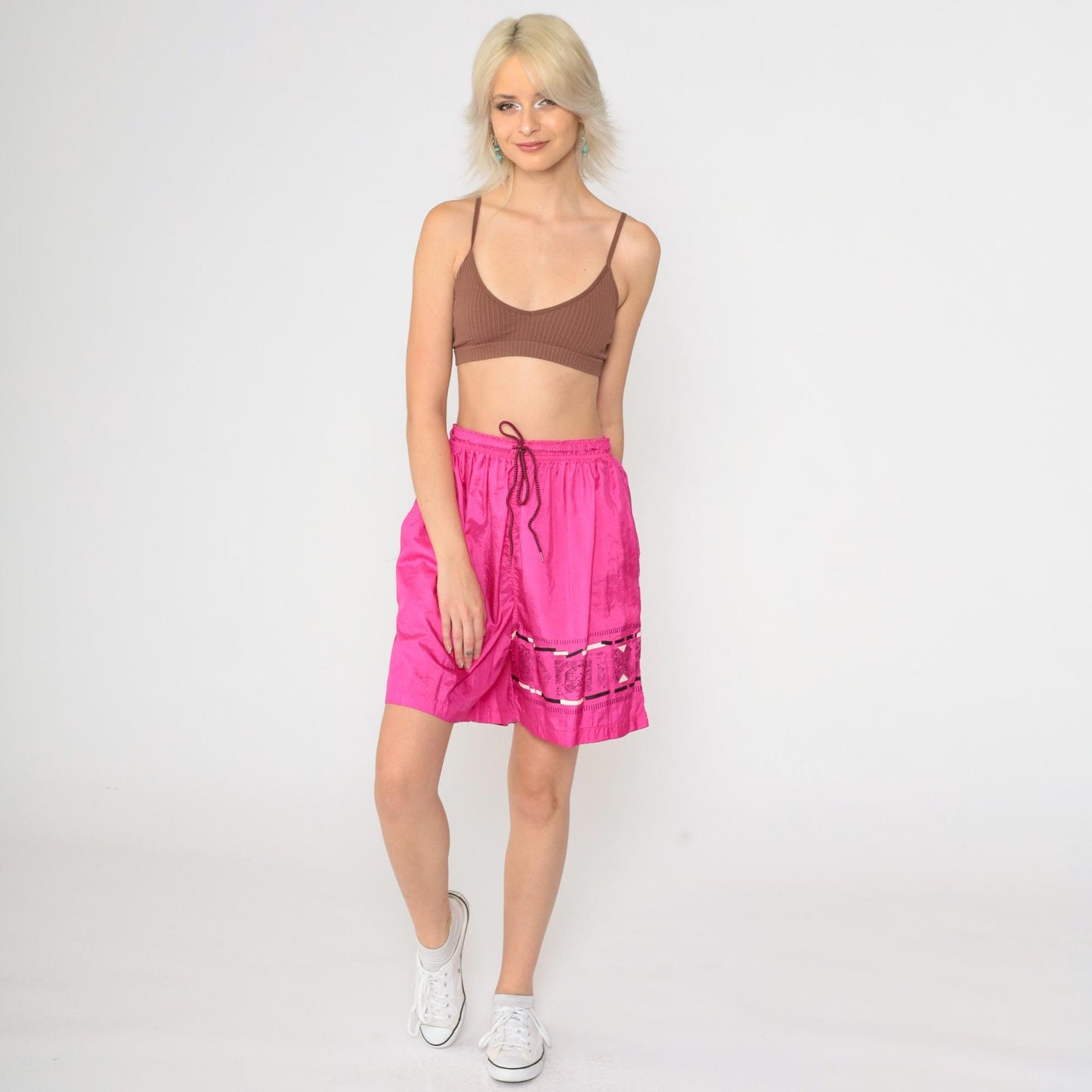 90s Hot Pink Nylon Athletic Shorts Drawstring Unlined Medium M