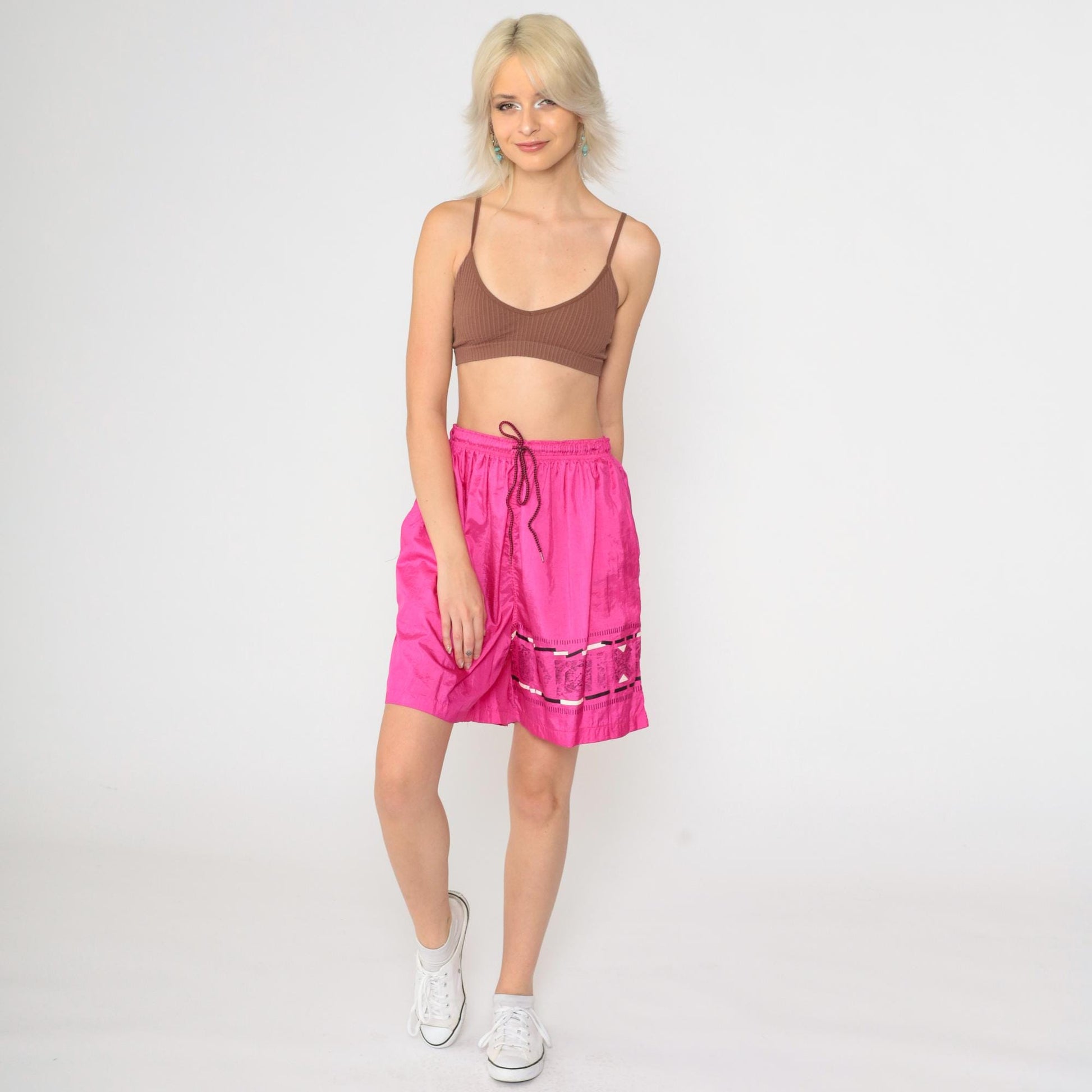 90s Hot Pink Nylon Athletic Shorts Drawstring Unlined Medium M