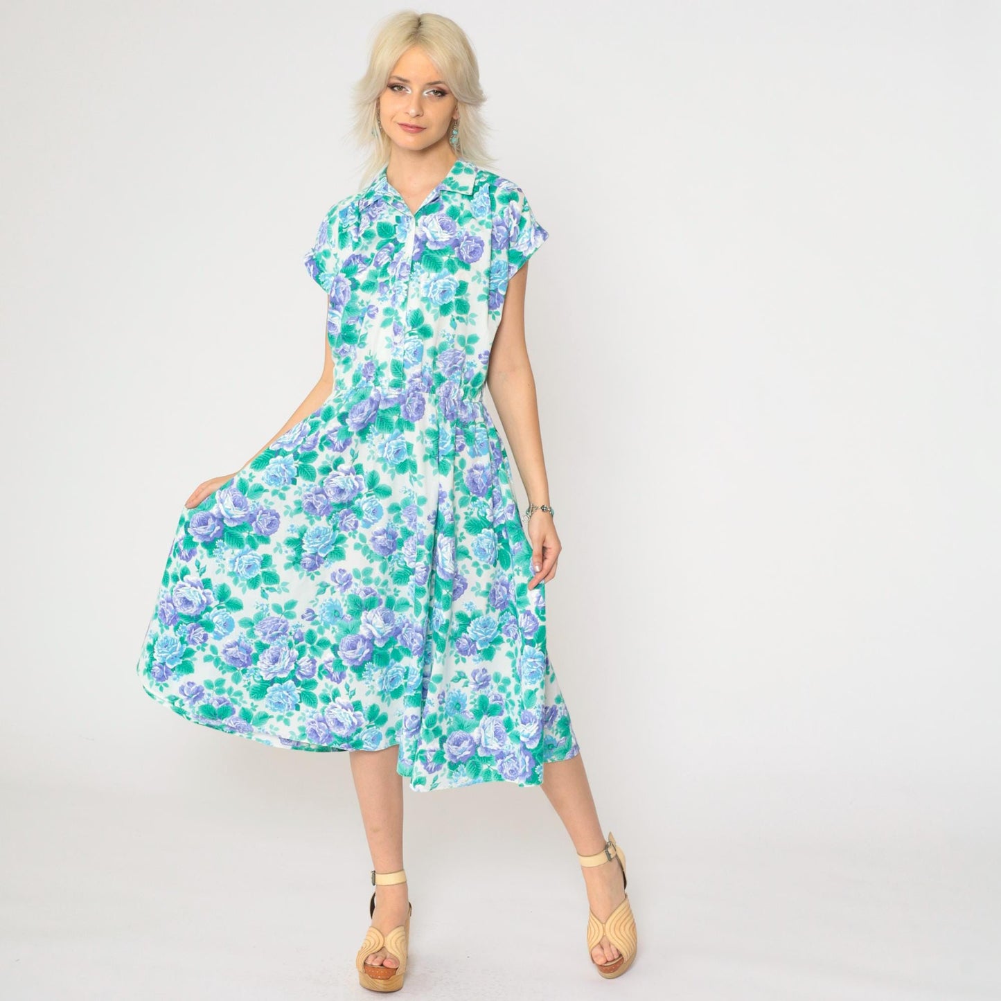 80s Floral Midi Dress Purple Rose Print High Waist Button Up Cap Sleeve Medium