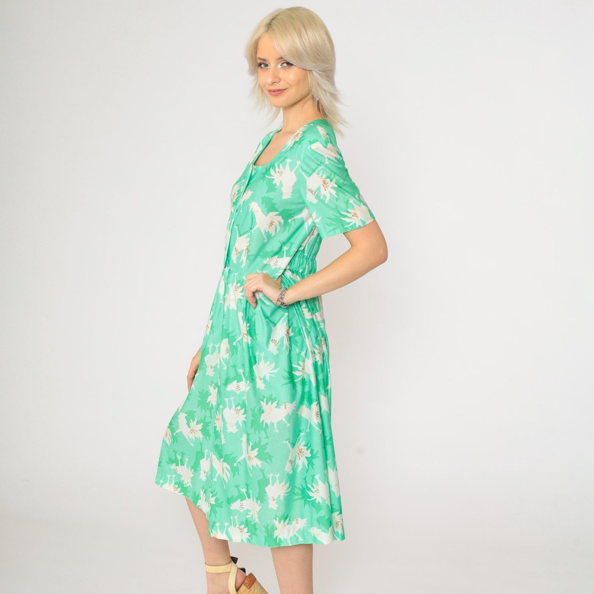 70s Abstract Chicken Print Midi Jumpsuit Green Button-Up Shirtdress Medium