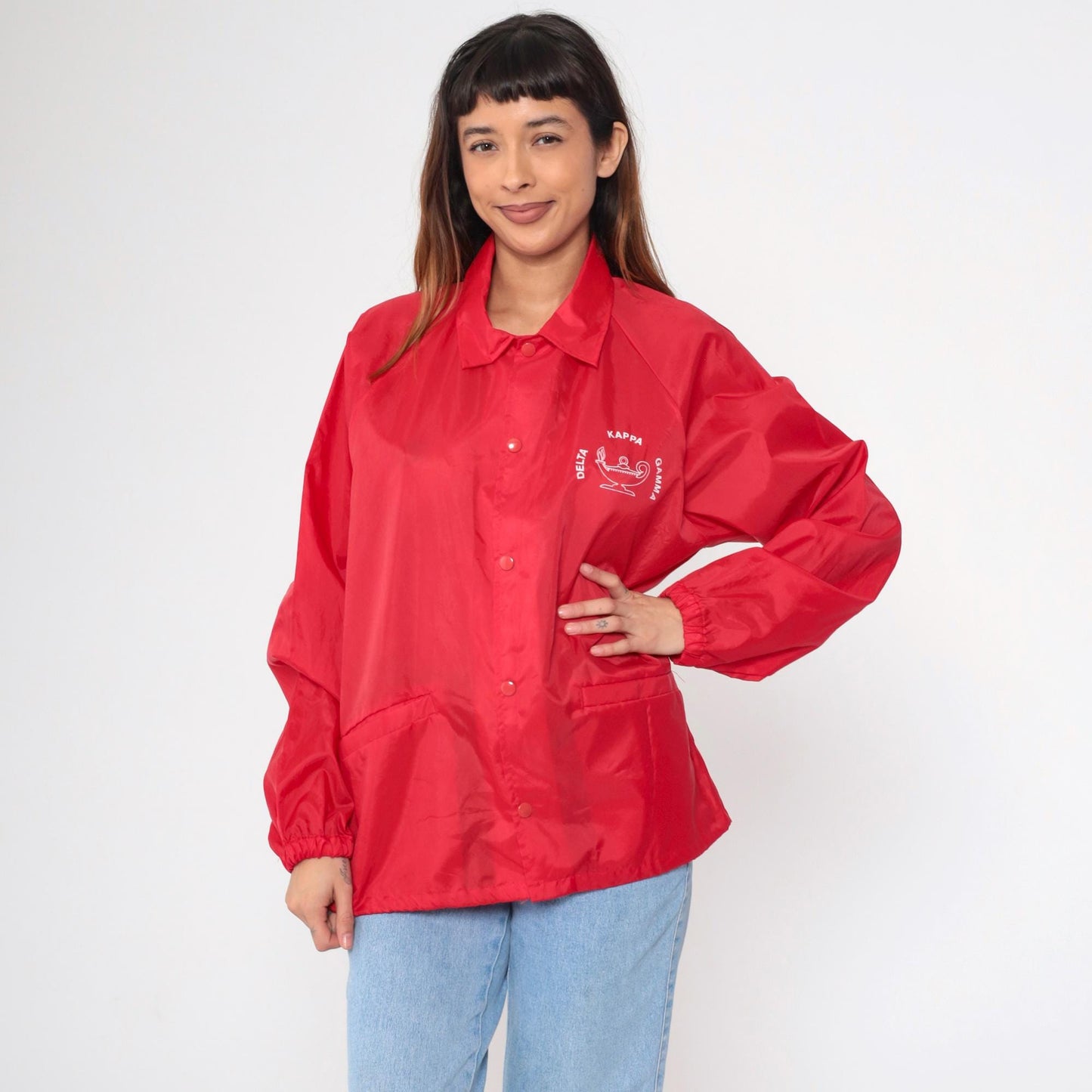 80s Delta Kappa Gamma Red Windbreaker Jacket Snap-Up Raglan Large