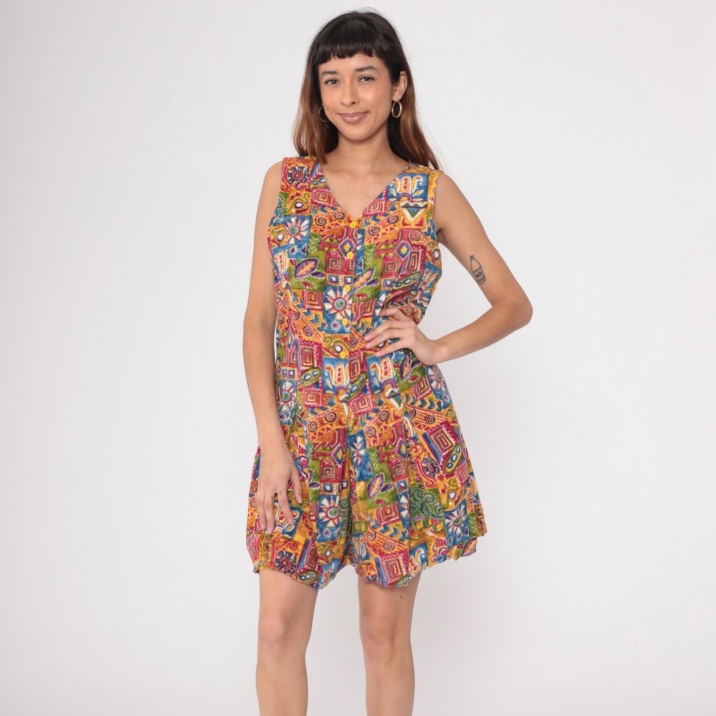 90s Geometric Floral Romper Playsuit Button-Up Sleeveless Wide Leg Extra Large XXL