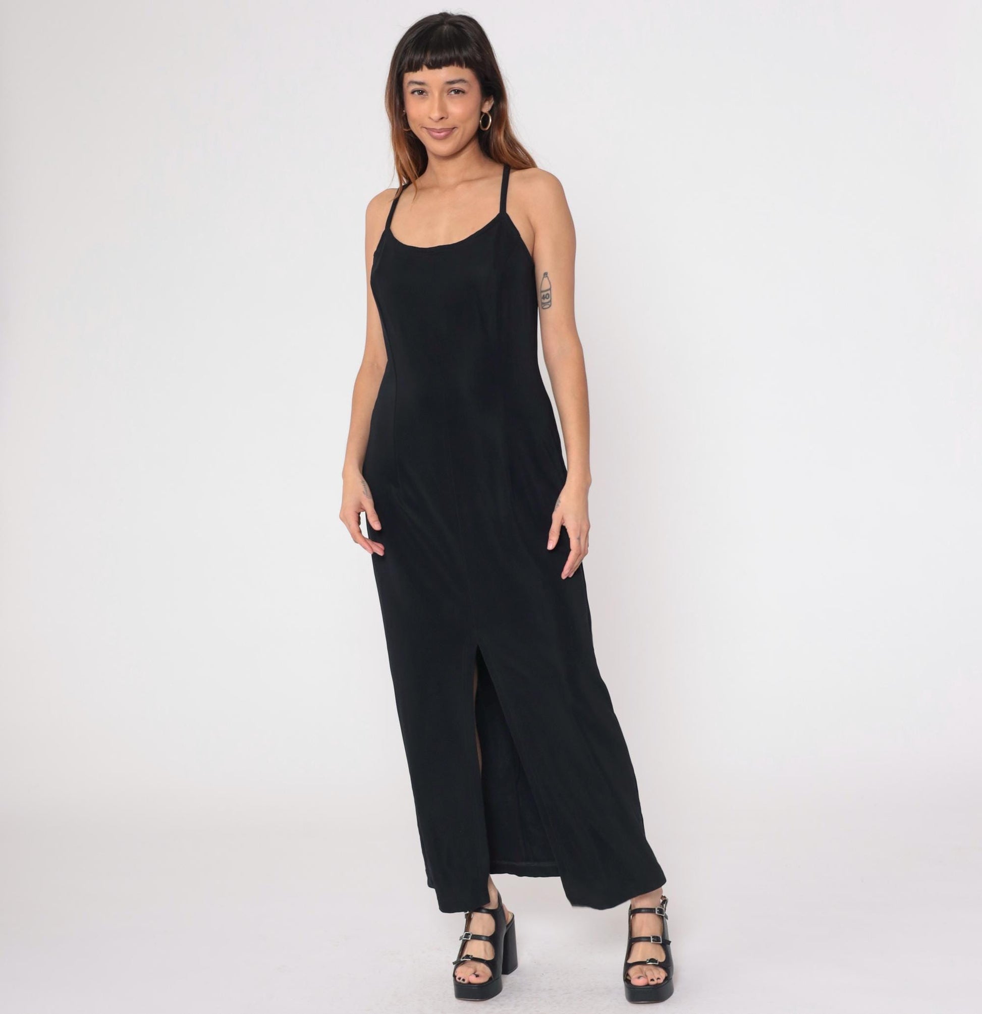 90s Scott McClintock Black Maxi Dress Spaghetti Strap Low Back Slit Medium