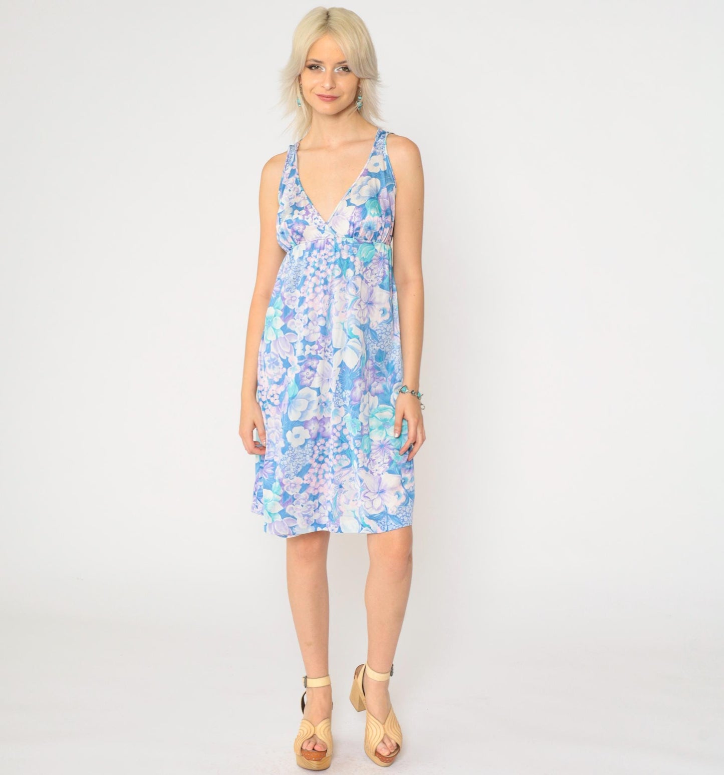 70s Vanity Fair Floral Nightgown Purple Pink Blue Empire Waist Nylon Medium