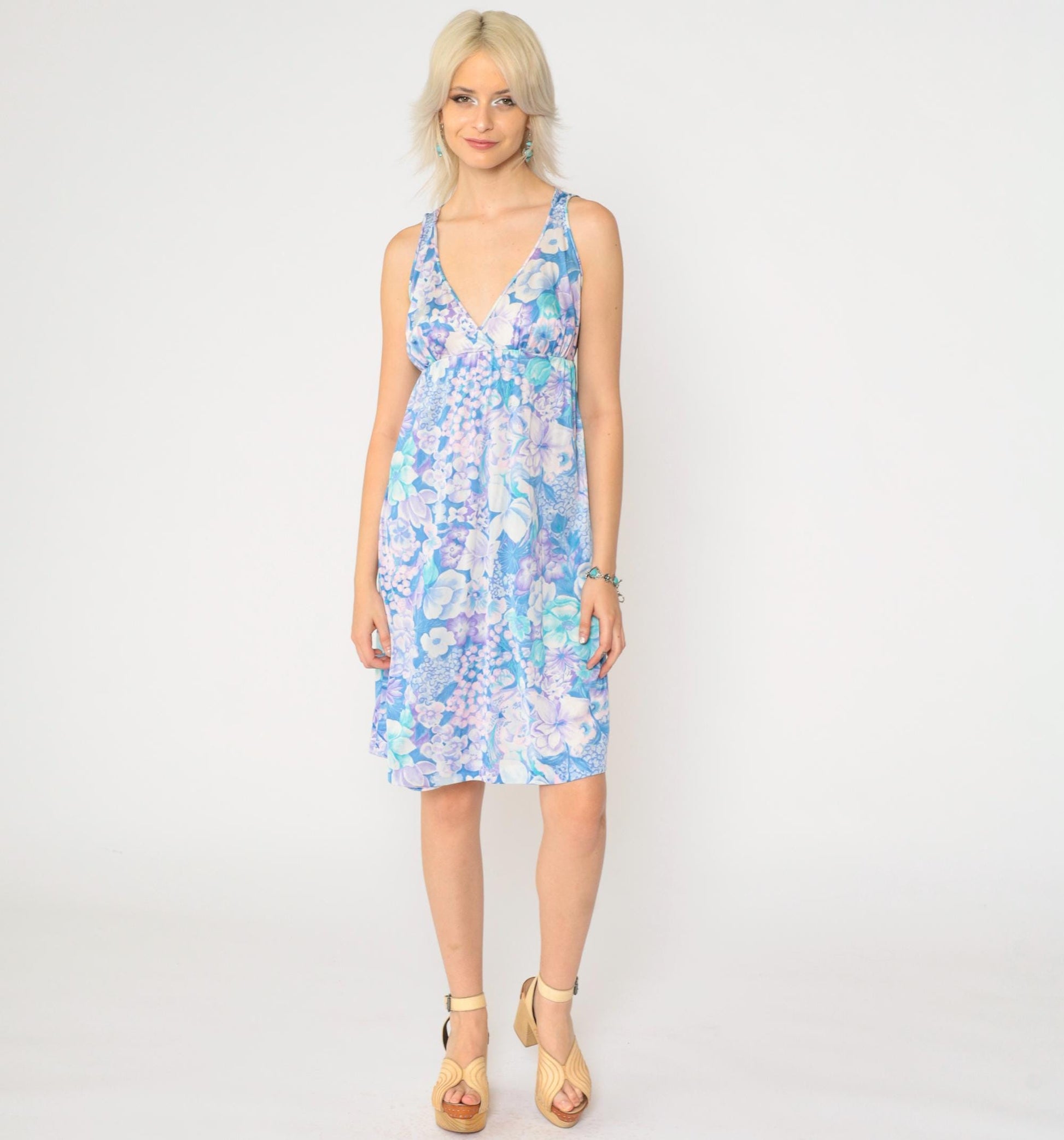 70s Vanity Fair Floral Nightgown Purple Pink Blue Empire Waist Nylon Medium