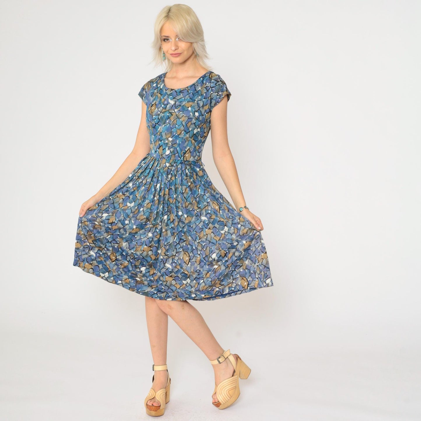 60s Sears Abstract Mosaic Midi Dress High Waisted Pleated Blue Geometric Small