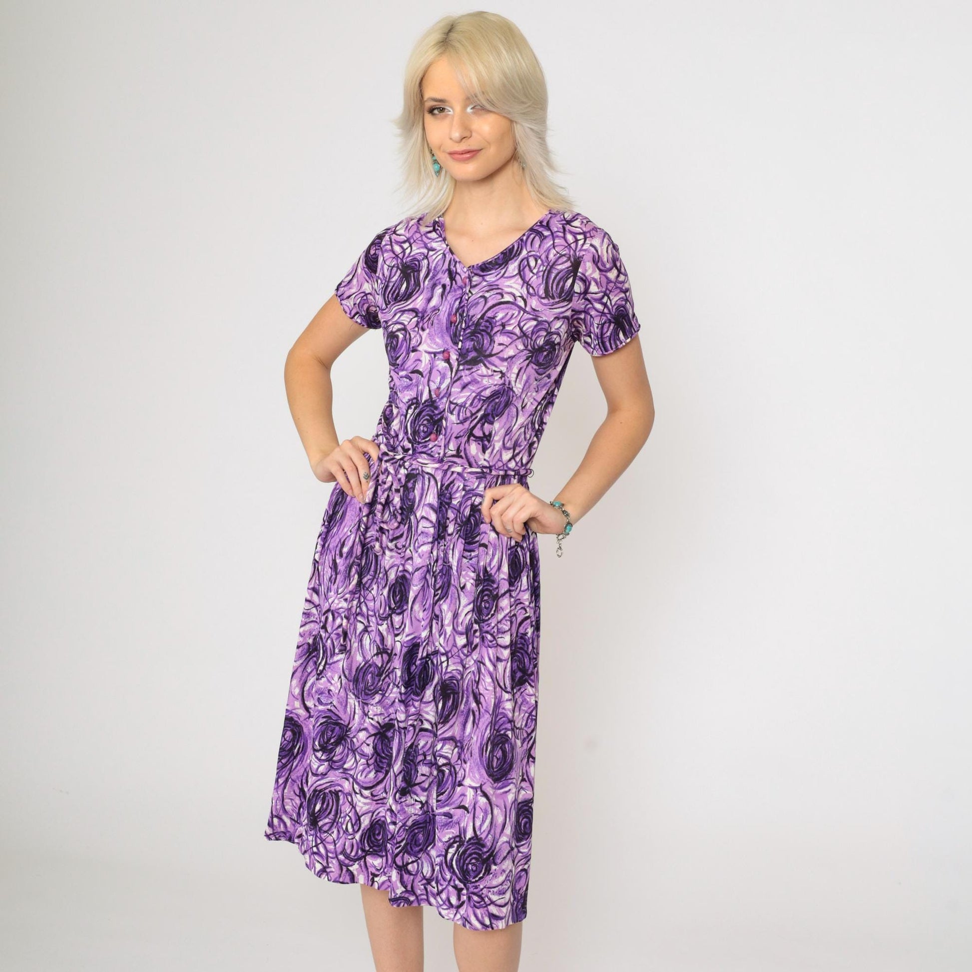 60s Purple Abstract Swirl Midi Shirtdress High Waist Button Up Extra Small