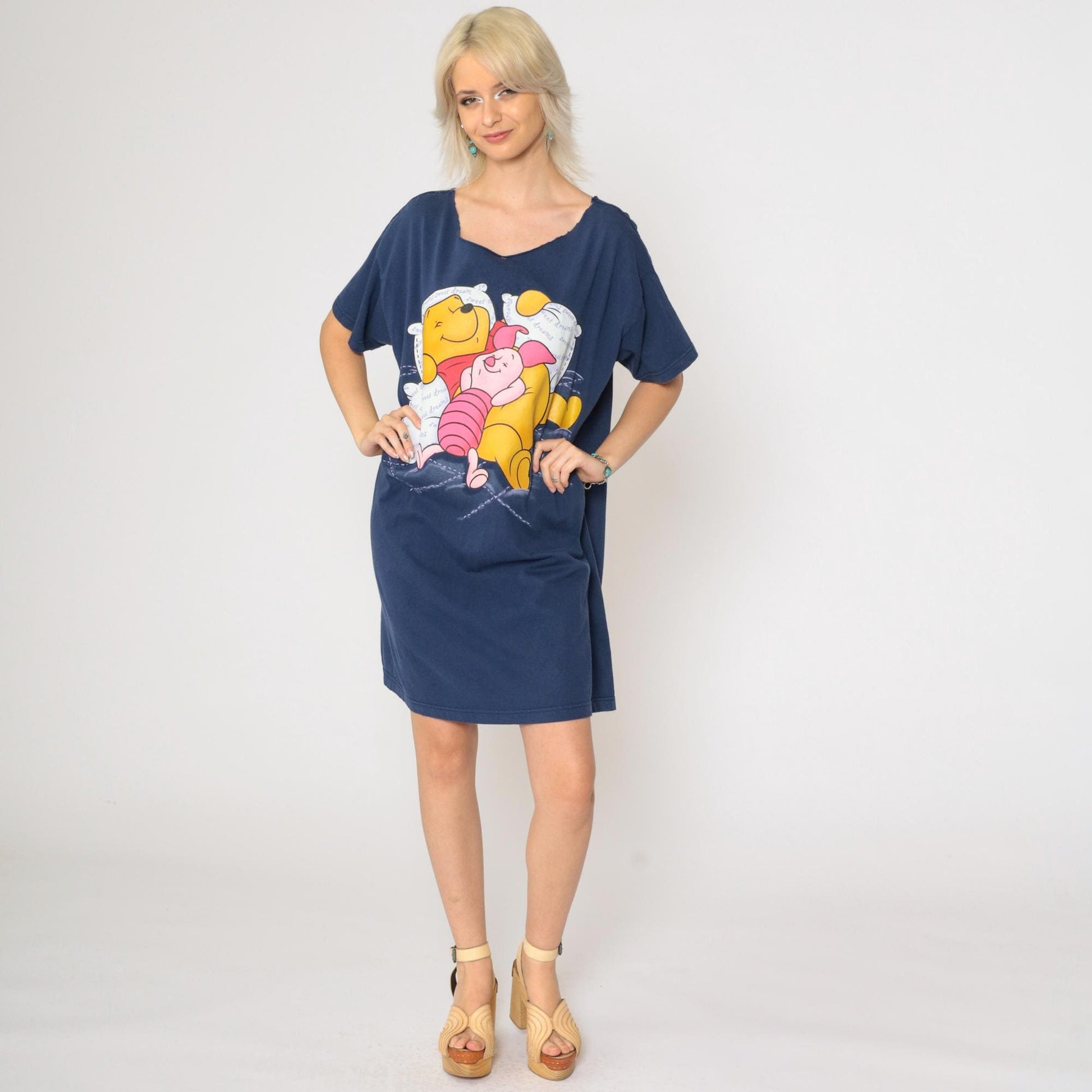90s Winnie The Pooh Piglet Pajama Dress Disney Mini Navy Blue XXL Plus Size