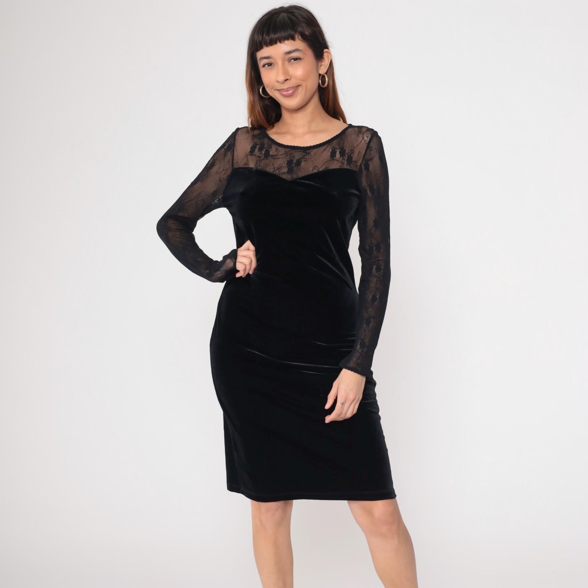 90s Black Velvet Bodycon Midi Dress Lace Illusion Neckline Large L