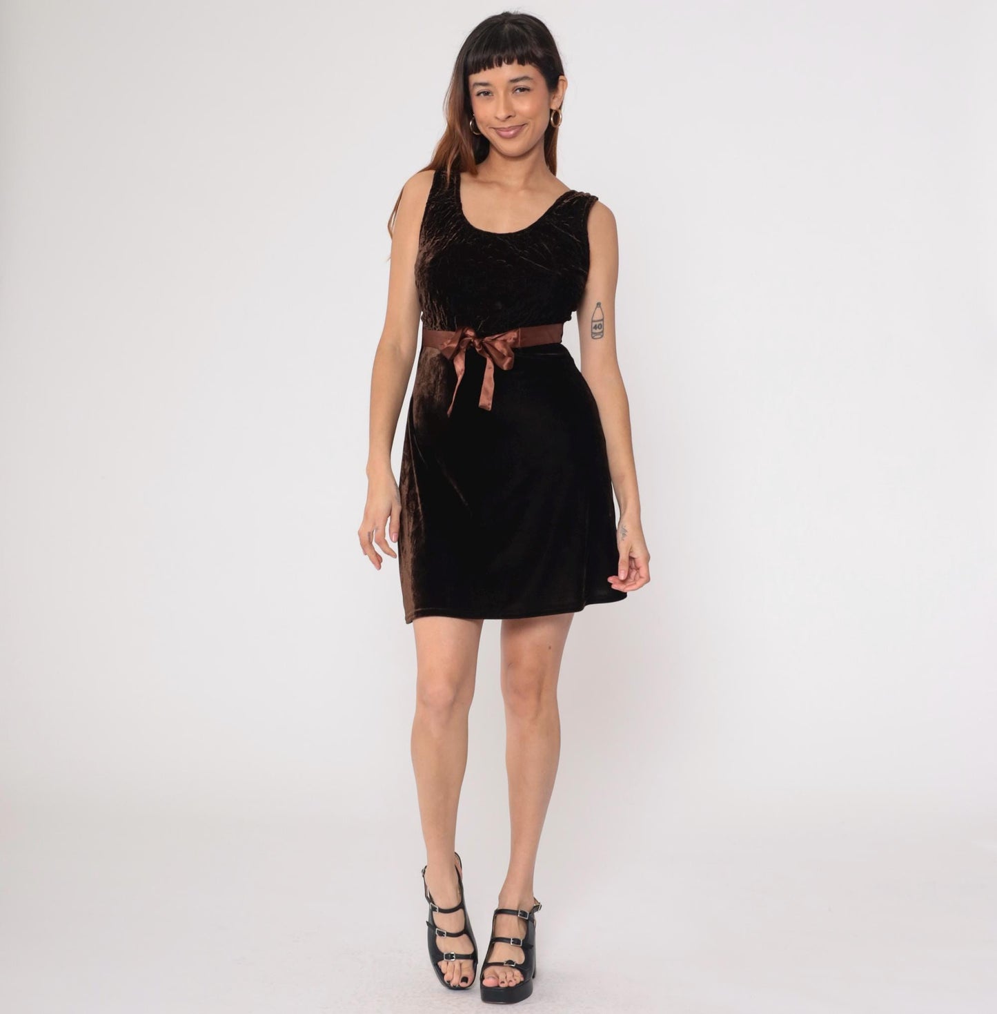 90s Brown Velvet Mini Dress Embroidered Ribbon Bow Sleeveless Medium