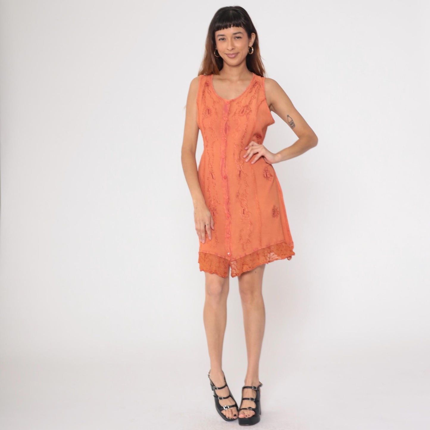 90s Kaaku Orange Paisley Embroidered Mini Dress Button Front Small Medium