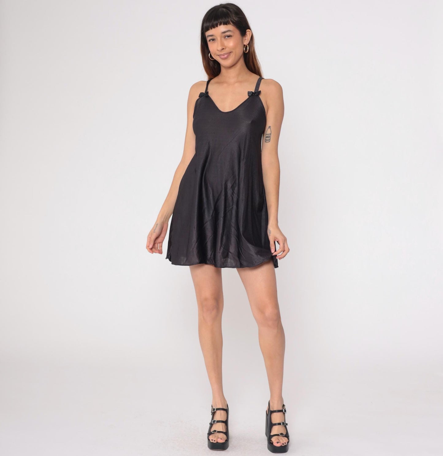 90s Black Slip Dress Spaghetti Strap Bow Mini Nightgown Small