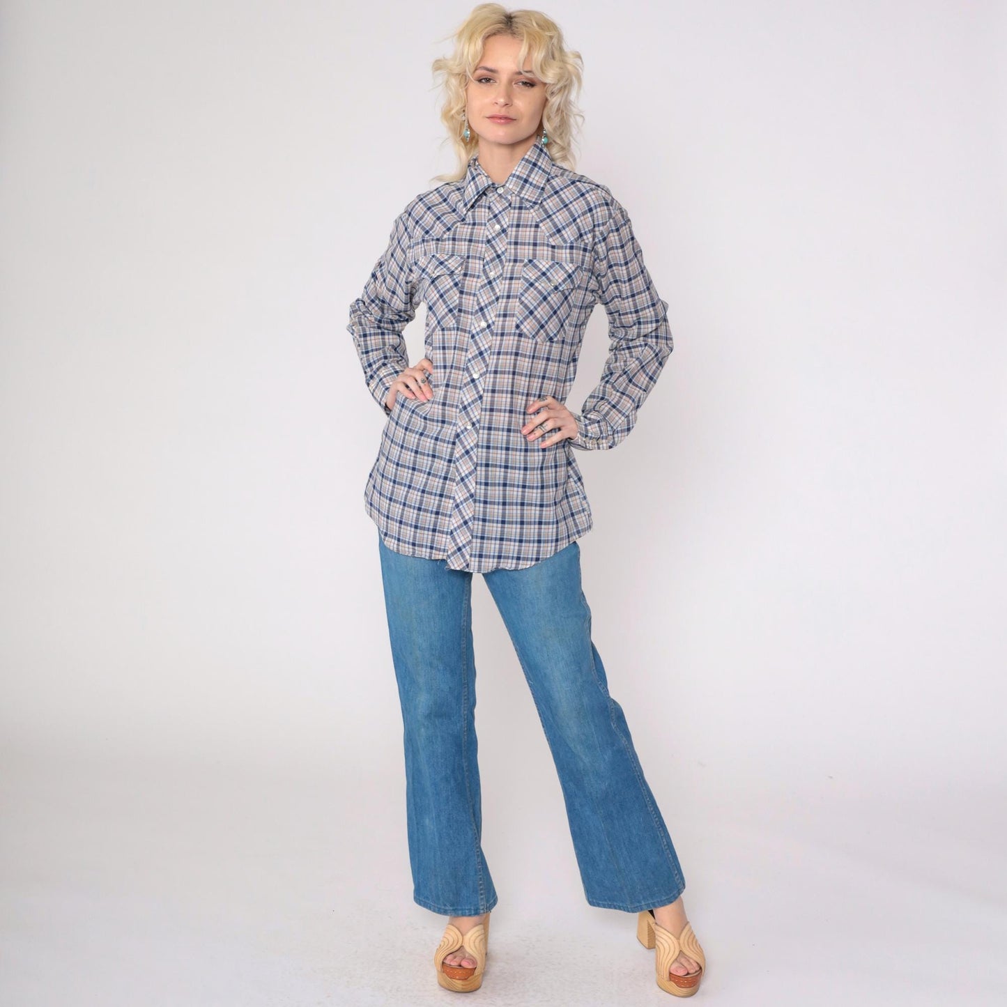 80s Saturdays in California Western Shirt Plaid Pearl Snap Blue White Medium