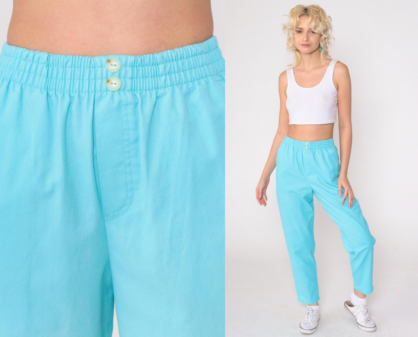 80s Bobbie Brooks Blue Tapered Pull-On Trousers Elastic Waist Petite Small