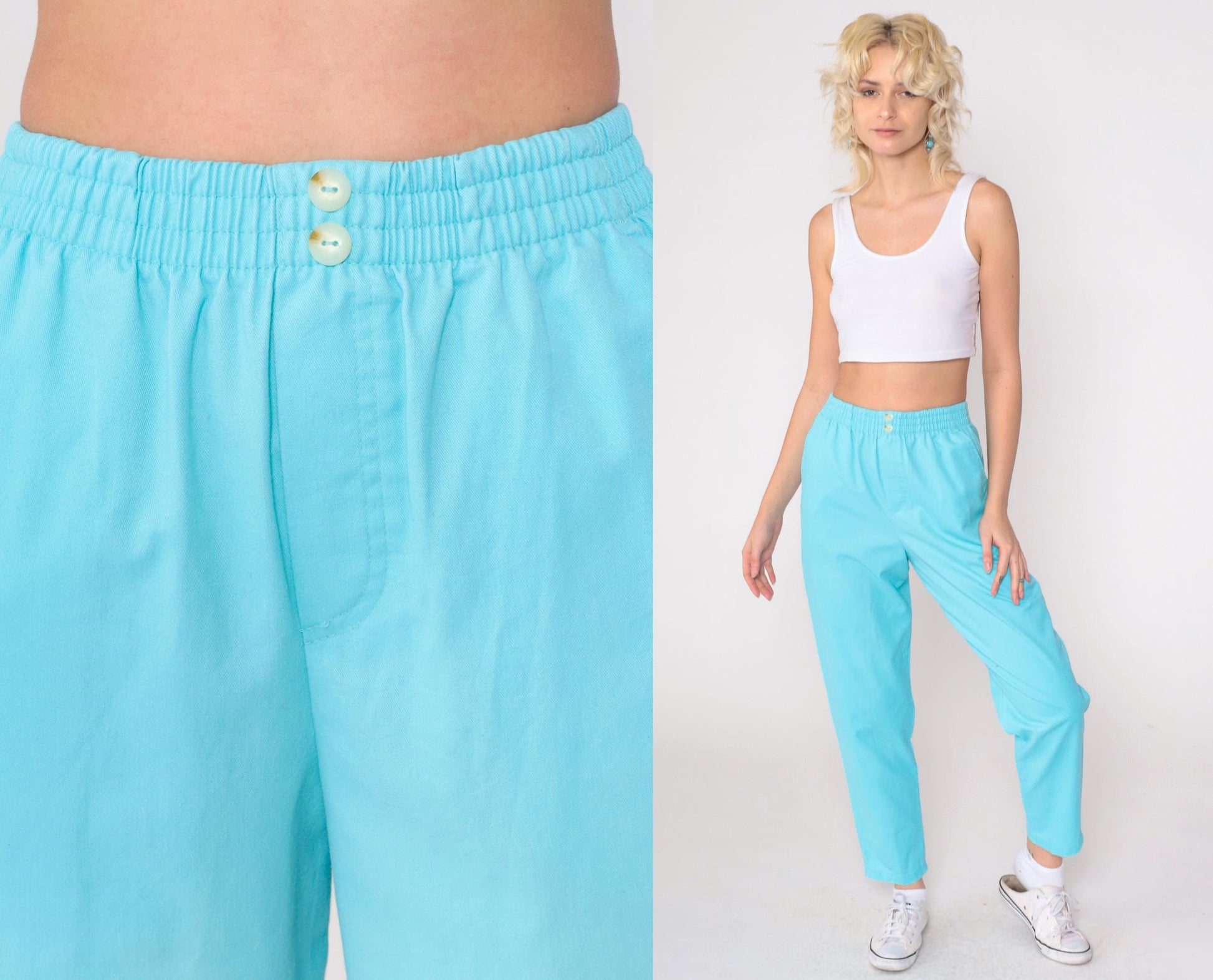 80s Bobbie Brooks Blue Tapered Pull-On Trousers Elastic Waist Petite Small