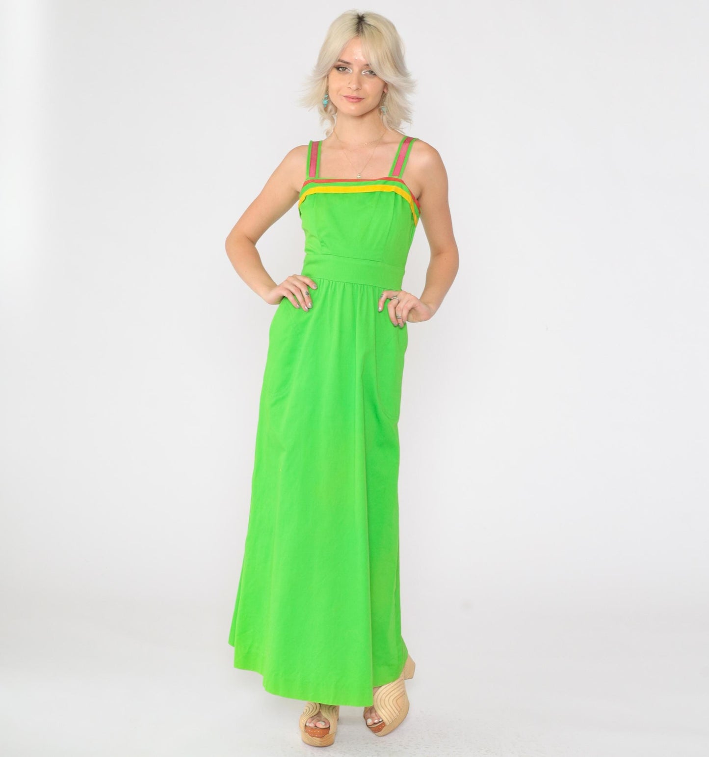 70s Bright Green Maxi Sundress Sleeveless High Waist Striped Trim Pockets XS