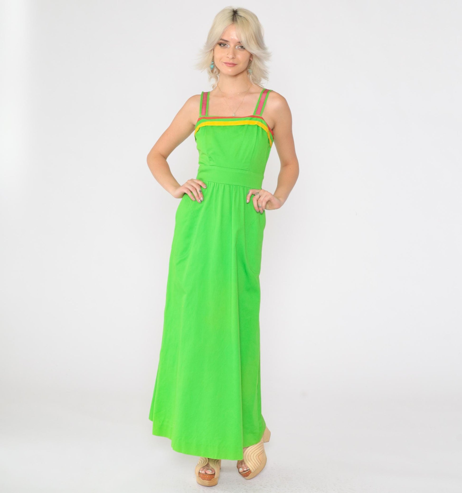 70s Bright Green Maxi Sundress Sleeveless High Waist Striped Trim Pockets XS