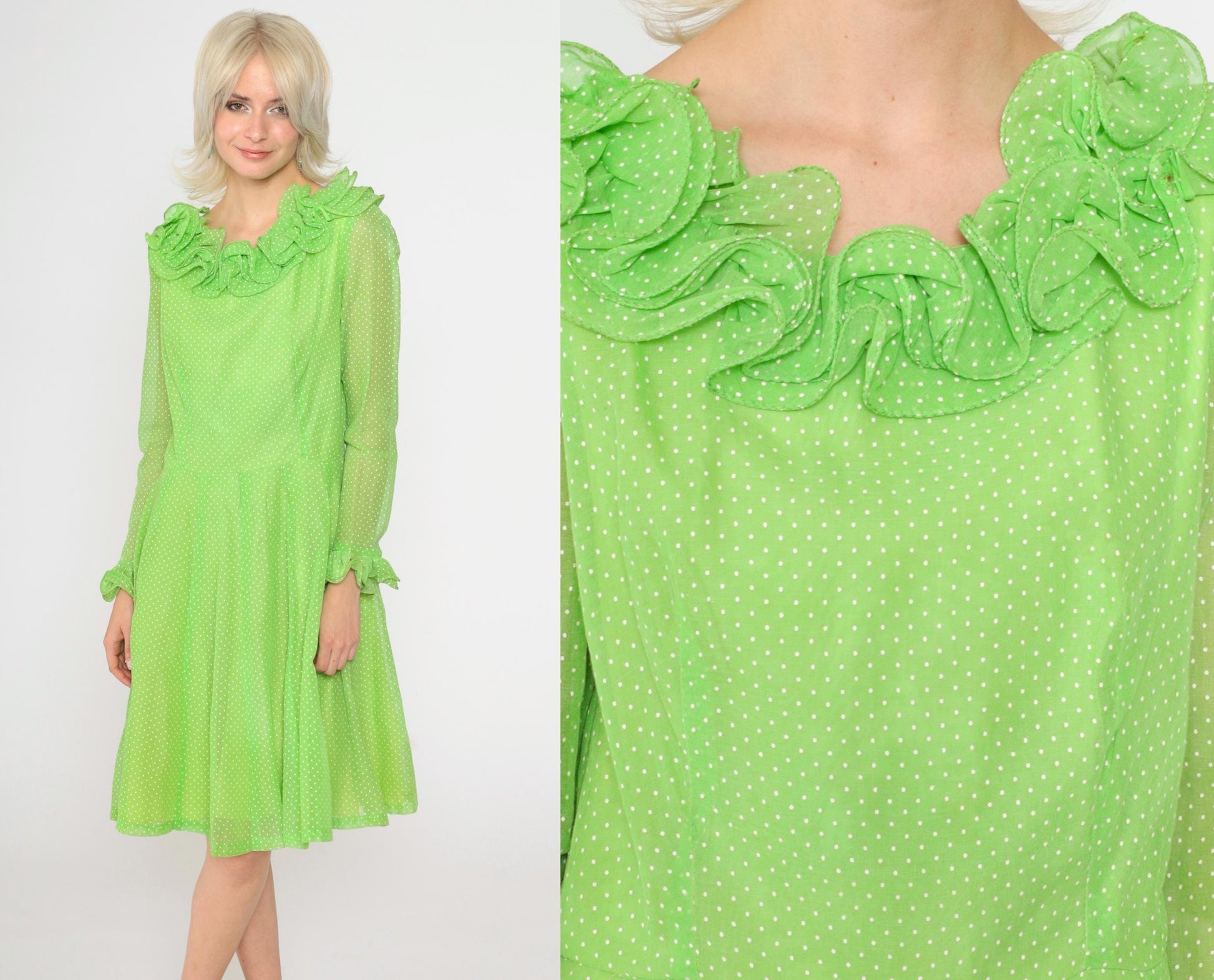 70s Coco California Polka Dot Midi Dress Green Ruffled High Waist Small