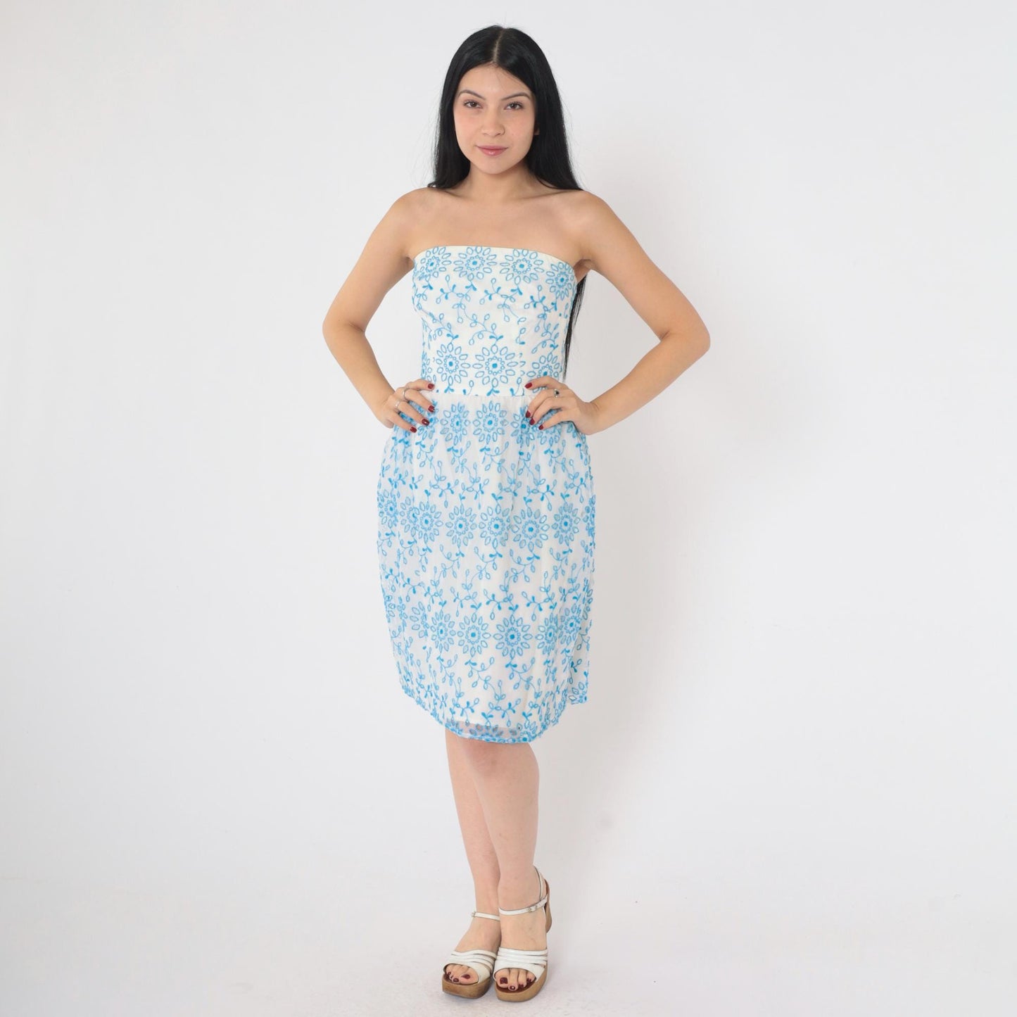 60s Strapless Dress Blue Floral Embroidered White Knee-Length XXS