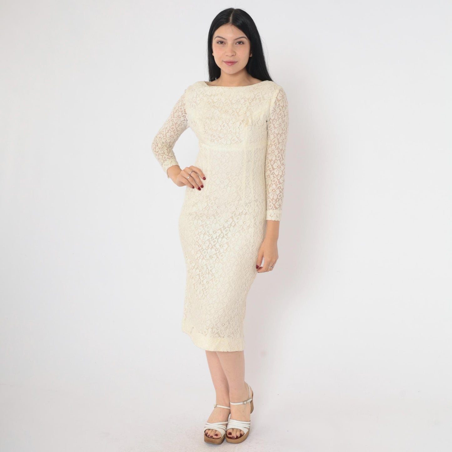 1960s Cream Lace Midi Dress Sheath Sheer Sleeve Cocktail Extra Small