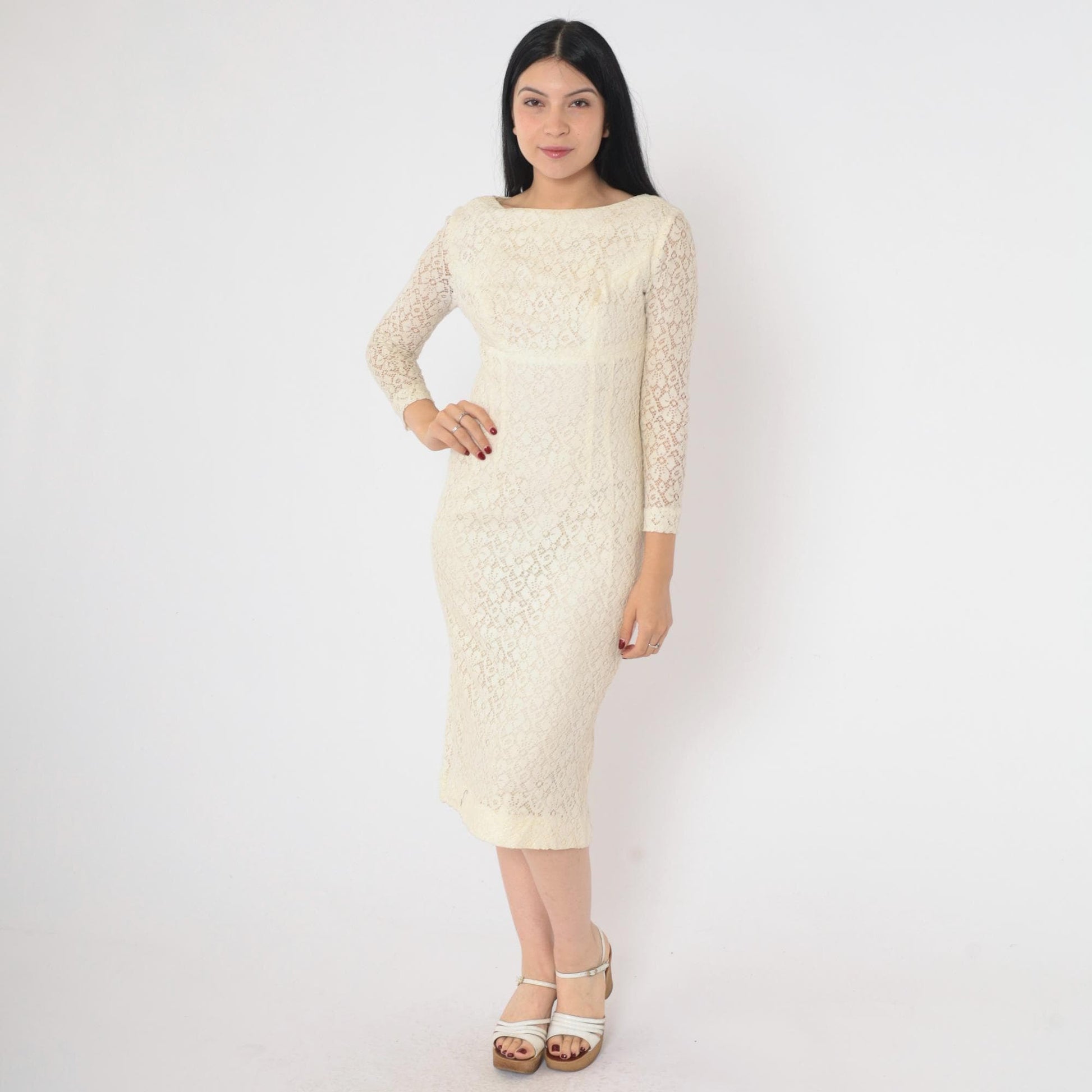 1960s Cream Lace Midi Dress Sheath Sheer Sleeve Cocktail Extra Small