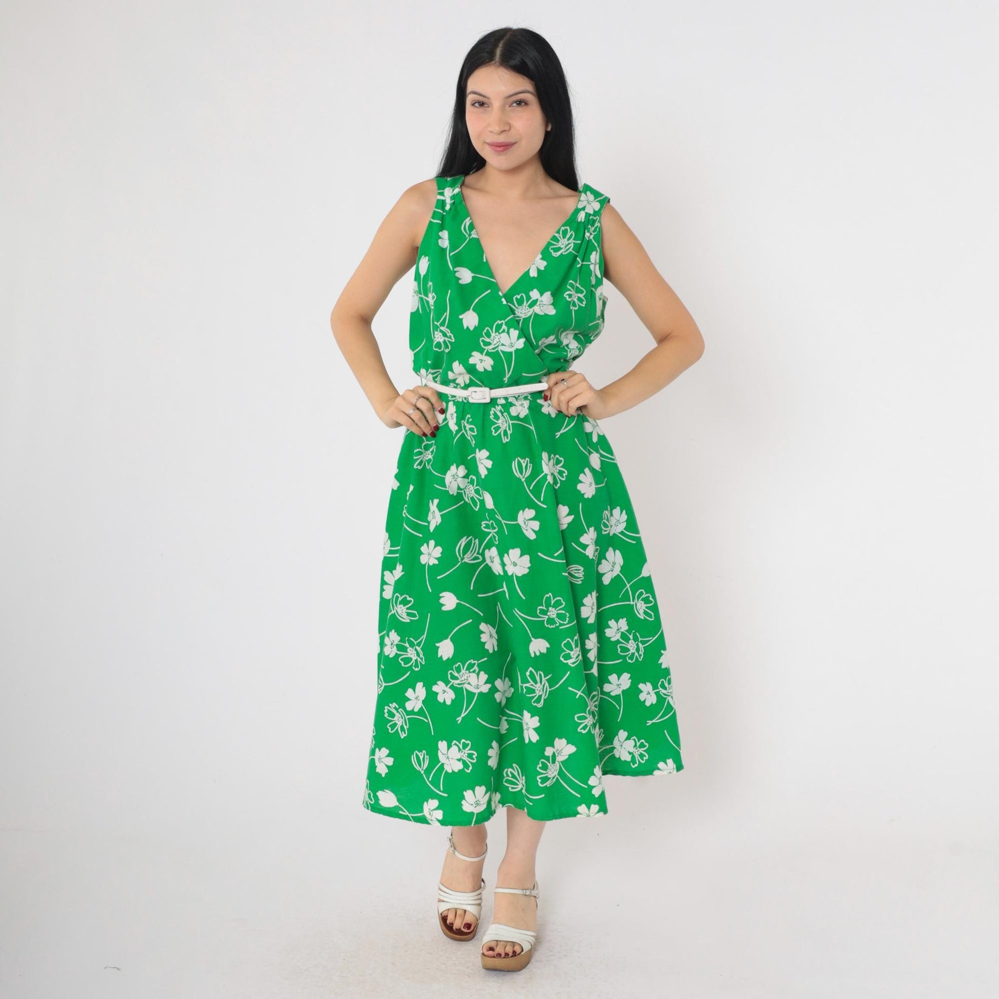 70s Green Floral Midi Wrap Dress Sleeveless High Waist White Belt Large